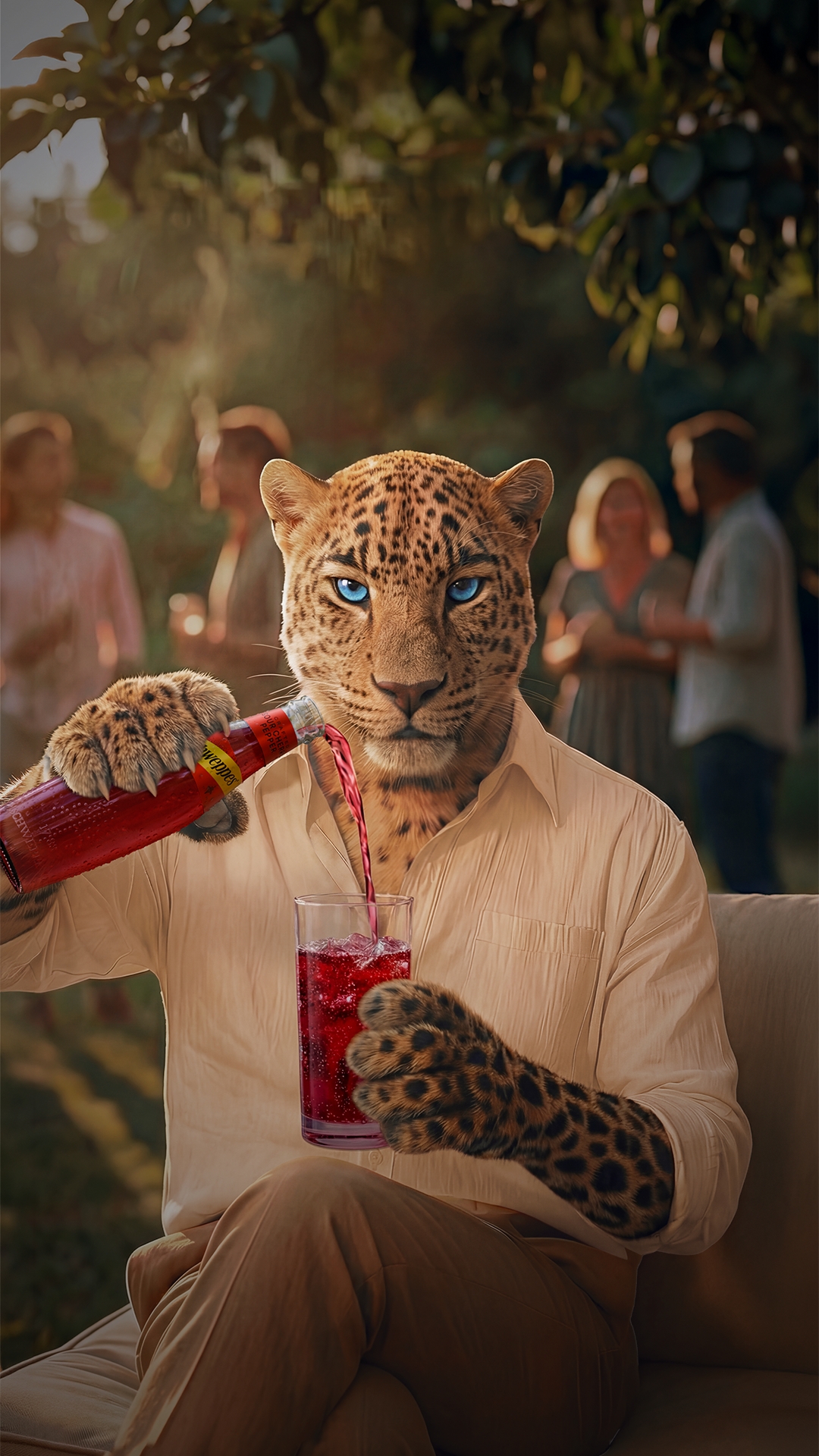 Leopard okrenut prema kameri, sjedi prekriženih nogu i sipa limenku Schweppes Crafted Cherry Pepper u čašu s ledom. Vanjski ambijent, s ljudima koji se druže u pozadini.