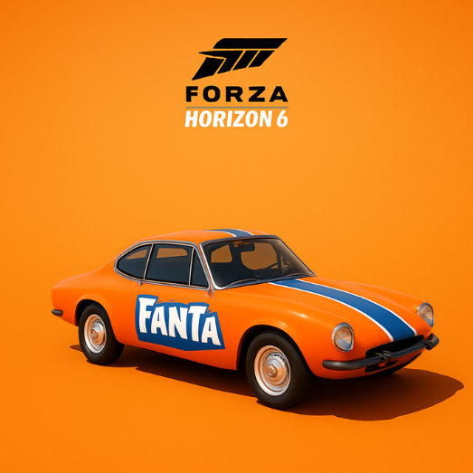 An orange car parked in a beach parking lot with its door open, under a Forza Horizon 6 logo