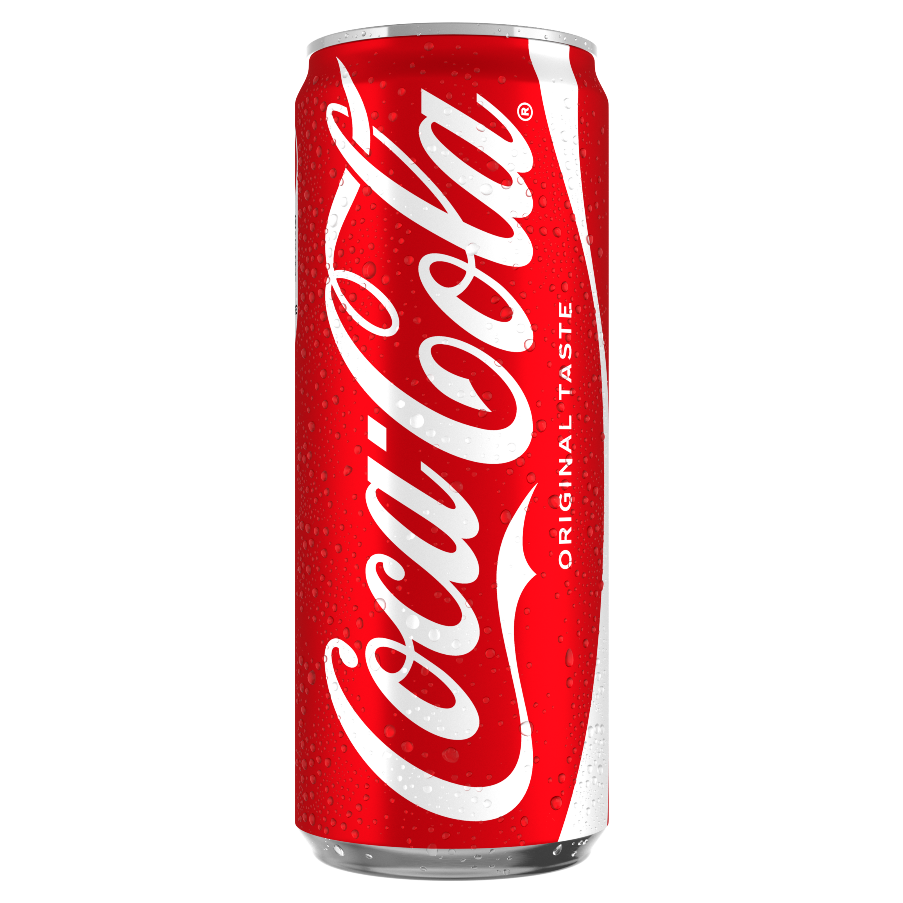 Canette rouge de Coca‑Cola Original Taste avec le logo Coca‑Cola blanc, représentée debout sur un fond noir, avec des gouttelettes de condensation visibles sur la canette.