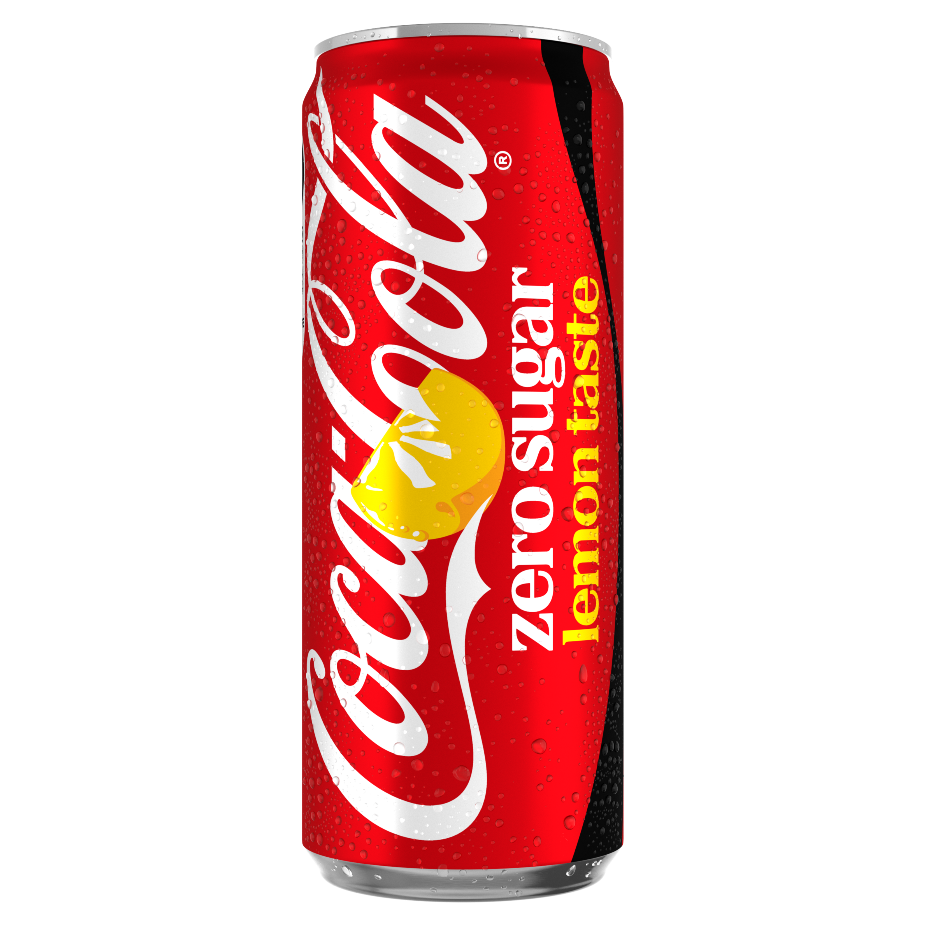 Canette rouge de Coca‑Cola Zero Sugar Lemon Taste avec le logo Coca‑Cola blanc, des accents noirs et une illustration d’une rondelle de citron jaune, représentée debout sur un fond noir, avec des gouttelettes de condensation visibles sur la canette.