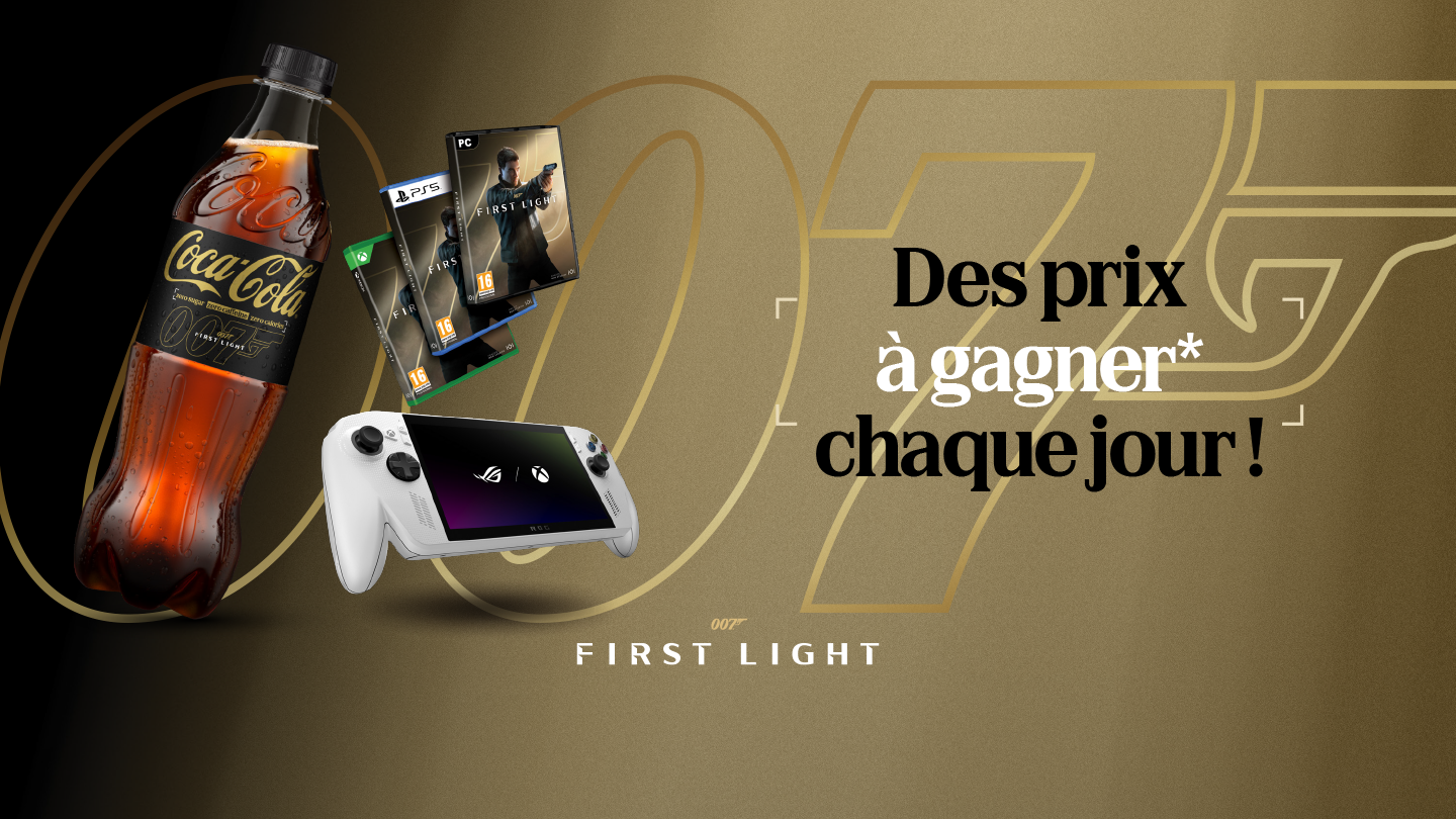 Image promotionnelle montrant une bouteille de Coca‑Cola, des boîtes du jeu vidéo 007: First Light pour différents supports et une console de jeu portable blanche. À droite, le texte indique : « Des prix à gagner chaque jour ! » sur un fond doré.