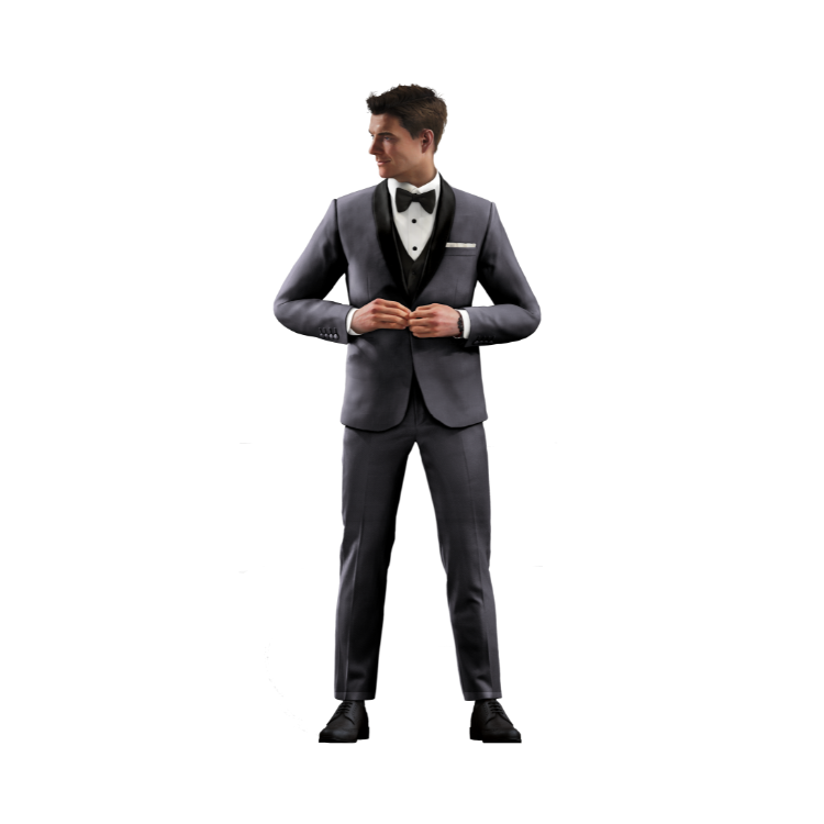 Tu vois une personne debout portant un smoking gris élégant avec un nœud papillon noir, une chemise blanche et des chaussures noires. La personne est en train de boutonner sa veste devant un fond blanc uni.