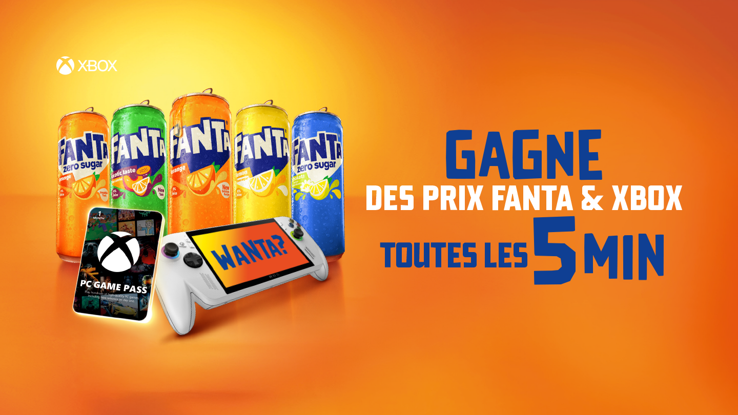 Image promotionnelle sur fond orange montrant plusieurs canettes de Fanta de différents parfums alignées. Devant les canettes, on voit une console de jeu portable et une carte PC Game Pass avec le logo Xbox. À droite, un grand texte indique : « Gagne des prix Fanta & Xbox toutes les 5 min ». Le logo Xbox apparaît en haut à gauche.