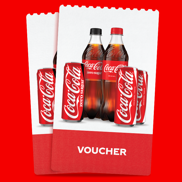 Deux bons Coca‑Cola superposés sur fond rouge. Au centre, plusieurs produits Coca‑Cola sont présentés, dont des canettes Coca‑Cola Original Taste, une canette Coca‑Cola Zero Sugar et deux bouteilles en plastique Coca‑Cola. Le mot « VOUCHER » apparaît en blanc en bas du bon.