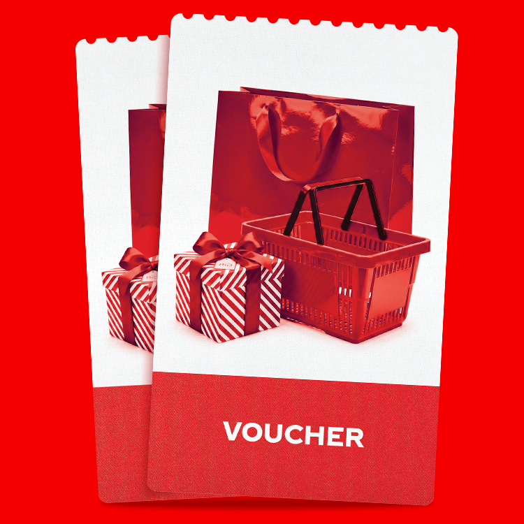 Deux bons rouges superposés avec une illustration de cadeaux, d’un panier d’achat et d’un sac de shopping rouge. En bas, le mot « VOUCHER » apparaît en lettres blanches sur fond rouge.