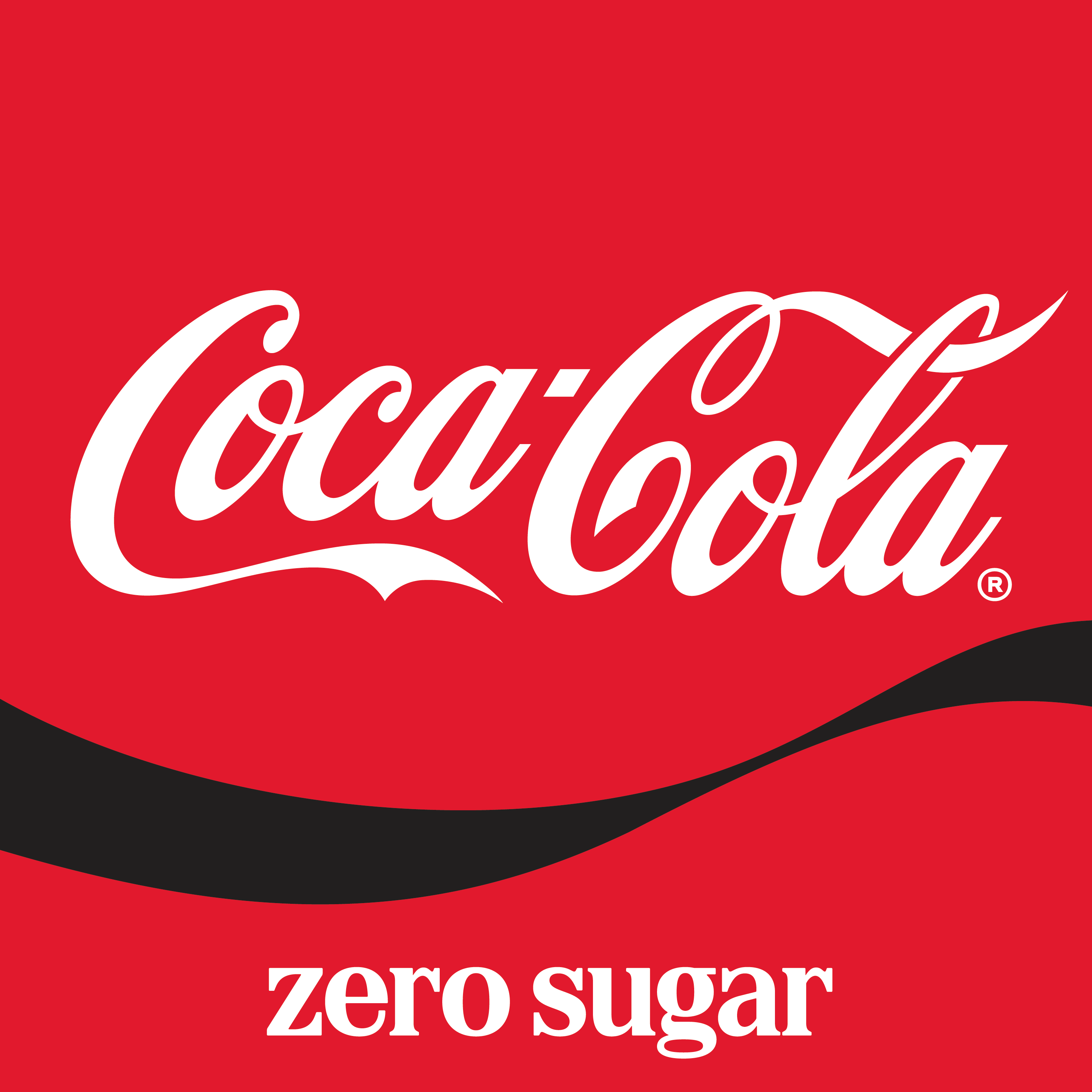 Logo Coca‑Cola blanc avec le texte « zero sugar » sur un fond rouge, avec une vague noire et rouge en bas.