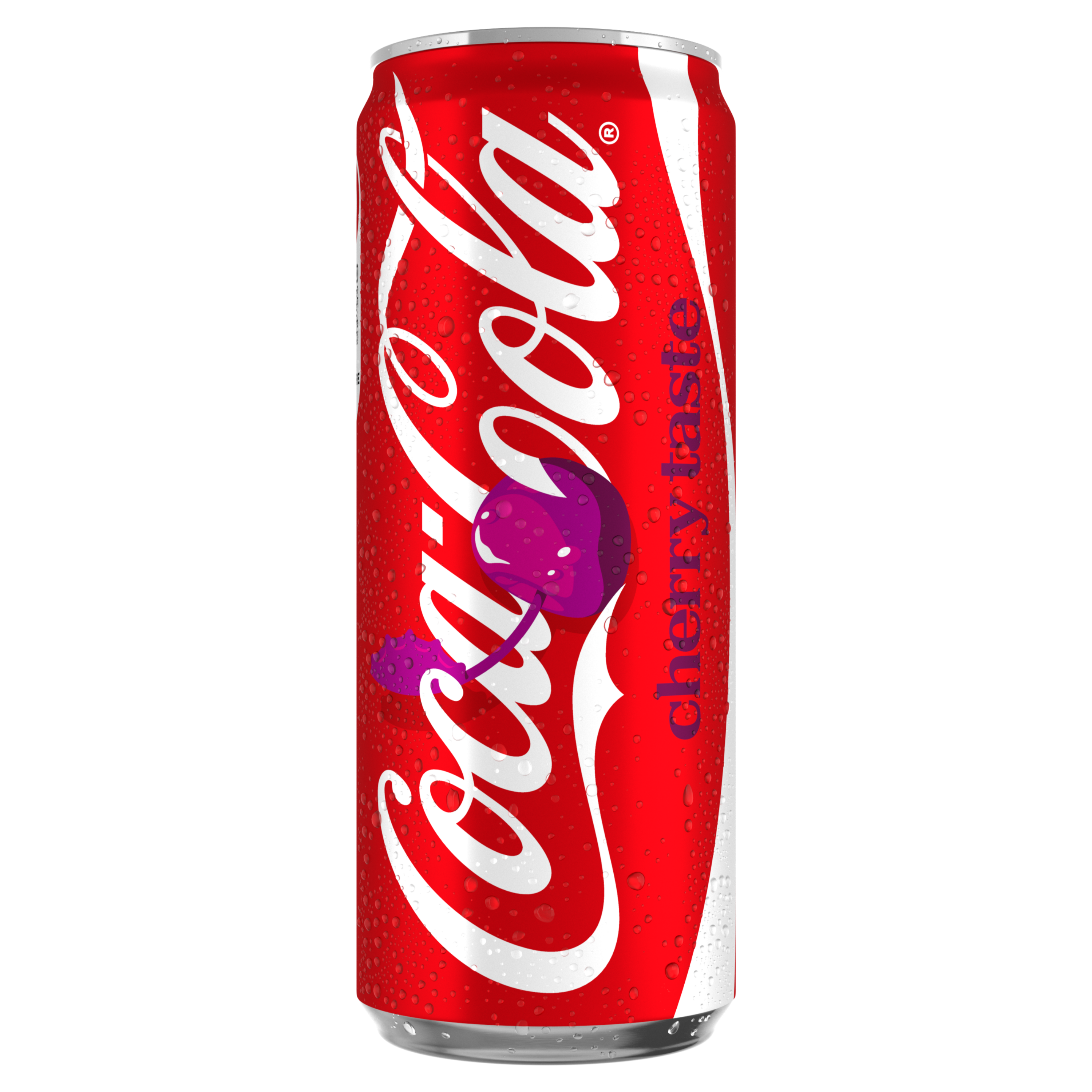 Rode Coca‑Cola Cherry Taste frisdrankblikje met wit Coca‑Cola logo en afbeelding van een paarse kers, rechtop afgebeeld tegen een zwarte achtergrond, met zichtbare condensdruppels op het blik.