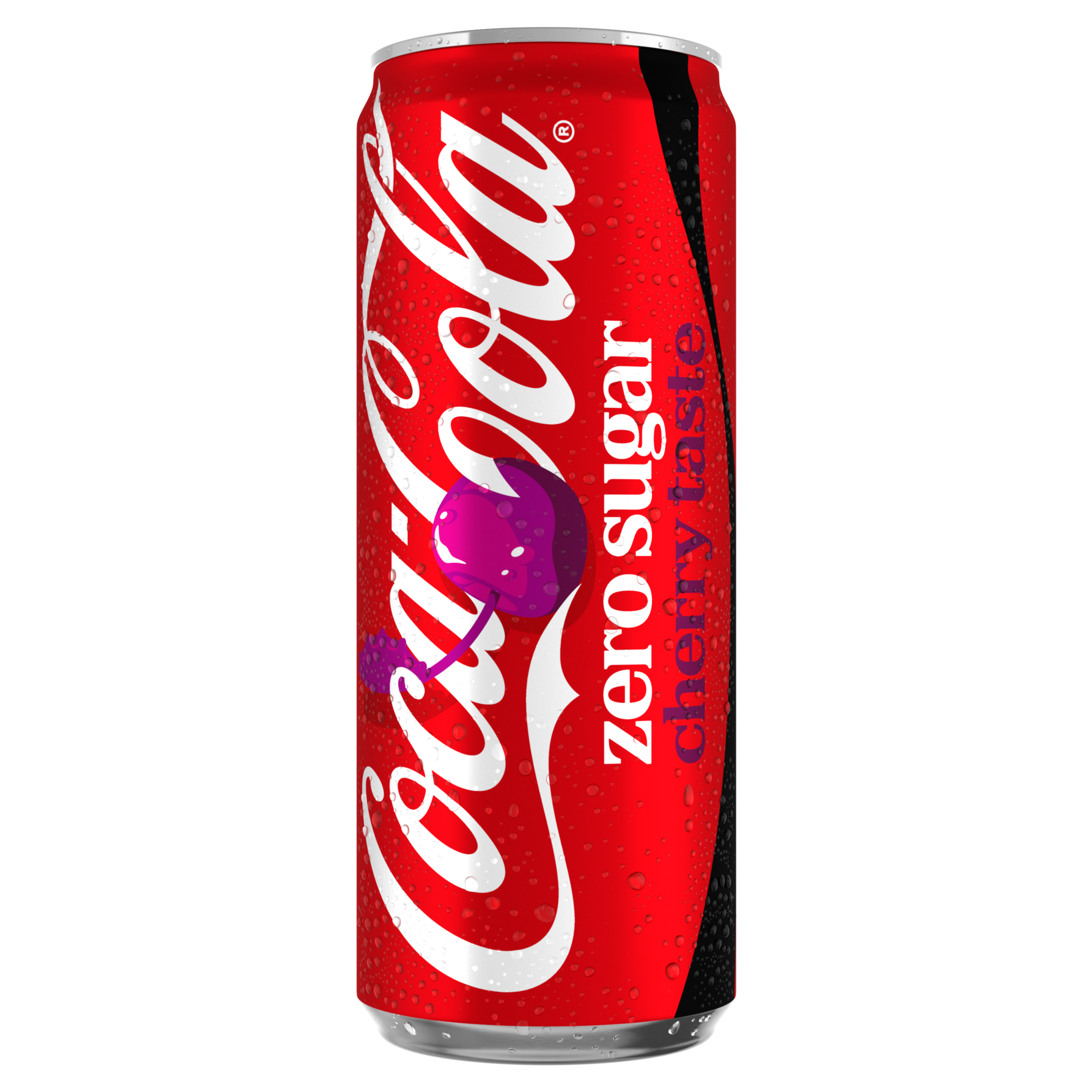 Rode Coca‑Cola Zero Sugar Cherry frisdrankblikje met wit Coca‑Cola logo, zwarte accenten en afbeelding van een paarse kers, rechtop afgebeeld tegen een zwarte achtergrond, met zichtbare condensdruppels op het blik.