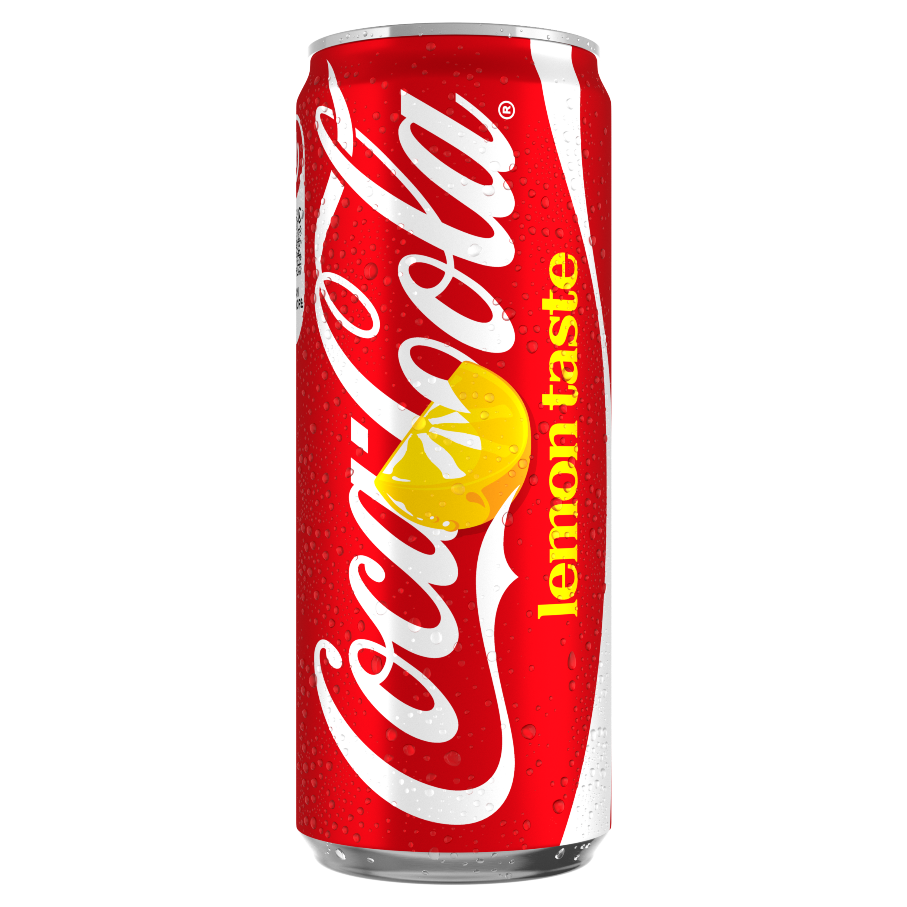 Rode Coca‑Cola Lemon Taste frisdrankblikje met wit Coca‑Cola logo en afbeelding van een gele citroenschijf, rechtop afgebeeld tegen een zwarte achtergrond, met zichtbare condensdruppels op het blik.
