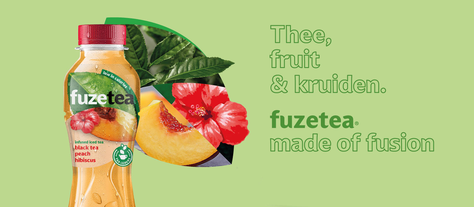 Een banner van Fuze Tea perzik vlierbloesem zonder suiker