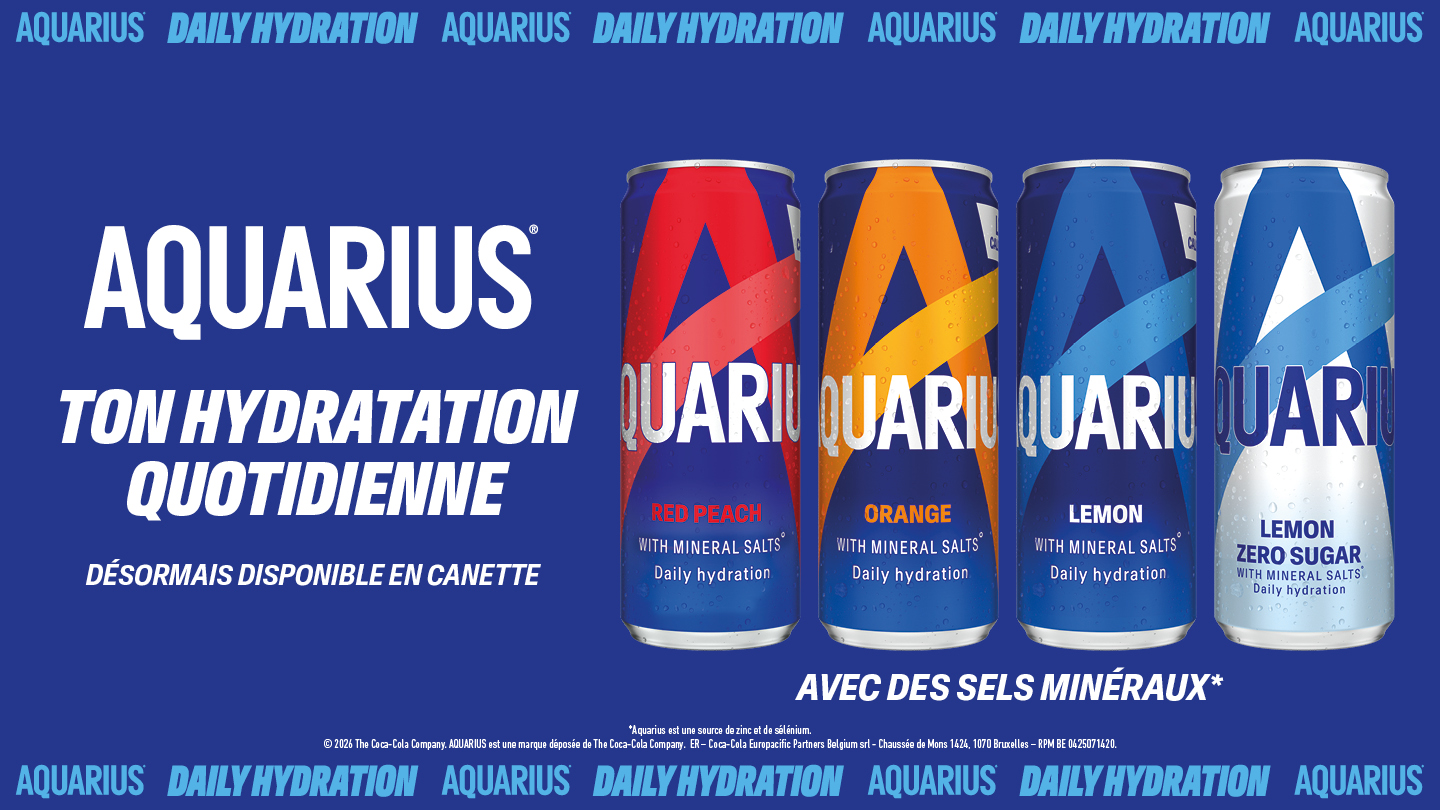 Bannière promotionnelle Aquarius présentant quatre canettes (Red Peach, Orange, Lemon et Lemon Zero Sugar) avec le message « Ton hydratation quotidienne – désormais disponible en canette – avec des sels minéraux ».