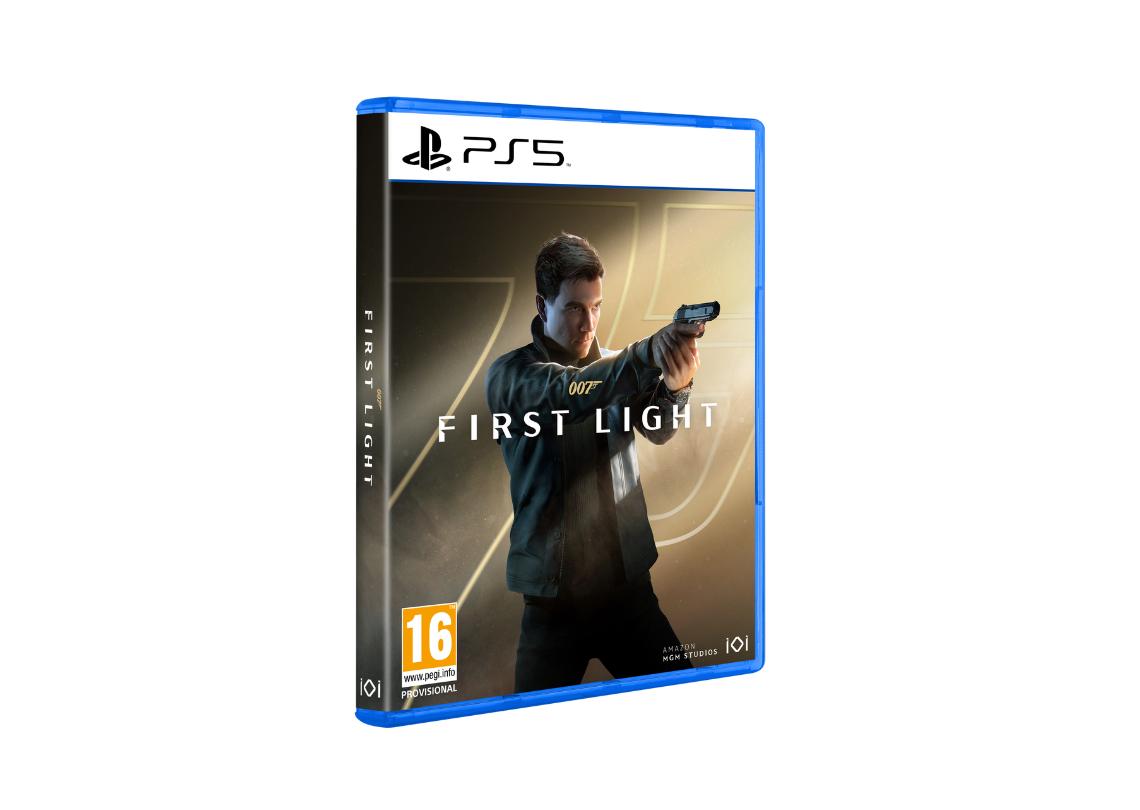 Boîtier de jeu PS5 de 007: First Light représentant une figure vêtue de sombre pointant un pistolet, avec le titre bien en évidence sur la couverture et une classification d’âge PEGI 16.