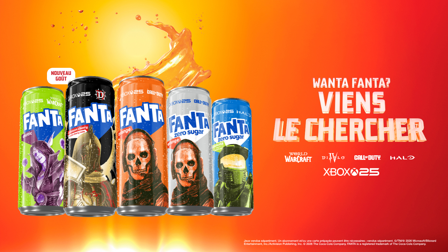 Canettes de Fanta aux designs exclusifs sur le thème du gaming, représentant World of Warcraft, Call of Duty, Diablo, et Halo, posées sur un coffre au trésor entouré de glace et d’éclaboussures, avec le texte "Wanta Fanta? Gagne des prix gaming".