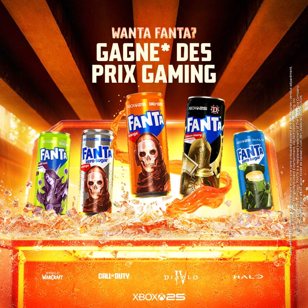 Canettes de Fanta aux designs exclusifs sur le thème du gaming, représentant World of Warcraft, Call of Duty, Diablo, et Halo, posées sur un coffre au trésor entouré de glace et d’éclaboussures, avec le texte "Wanta Fanta? Gagne des prix gaming".