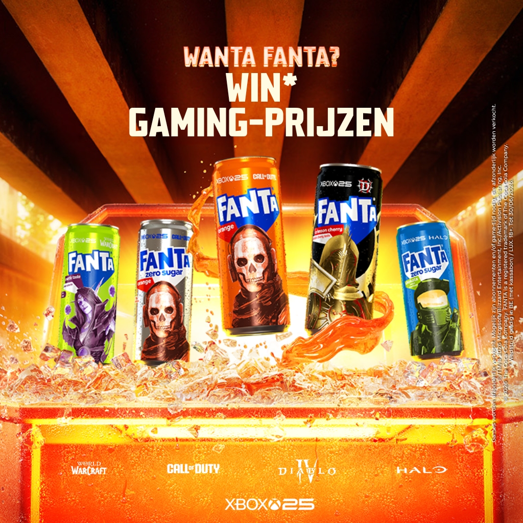 Promotionele afbeelding van Fanta met verschillende blikjes limited edition designs en de boodschap “WANTA FANTA? WIN GAMING-PRIJZEN”, met verwijzingen naar videogames en Xbox-prijzen.
