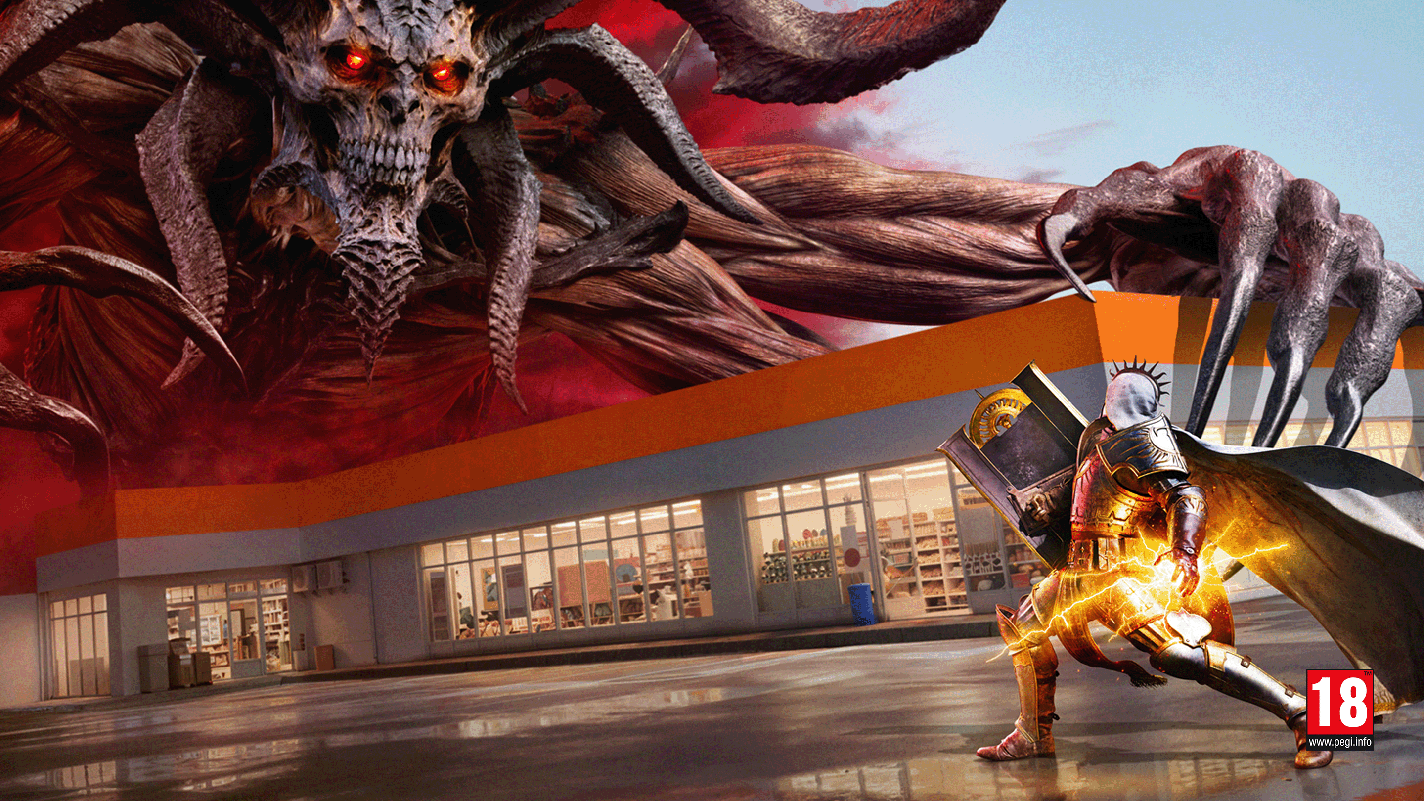 Het personage Mephisto uit Diablo IV verschijnt boven een supermarkt, terwijl de paladijnridder in zijn harnas staat, klaar om hem te confronteren.