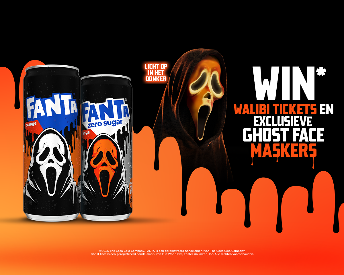 Promotieafbeelding van Fanta Halloween met twee Fanta-blikjes in Ghost Face-design naast een verlicht Ghost Face-masker op een zwarte achtergrond met oranje druipende accenten. De afbeelding promoot het winnen van Walibi-tickets en exclusieve Ghost Face-maskers.