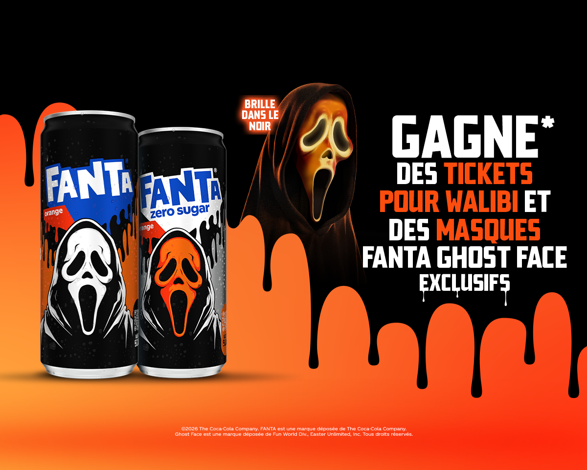 Visuel promotionnel Fanta Halloween présentant deux canettes Fanta au design Ghost Face à côté d’un masque Ghost Face lumineux sur fond noir avec des éléments orange dégoulinants. L’image invite à participer pour gagner des tickets Walibi et des masques Fanta Ghost Face exclusifs.