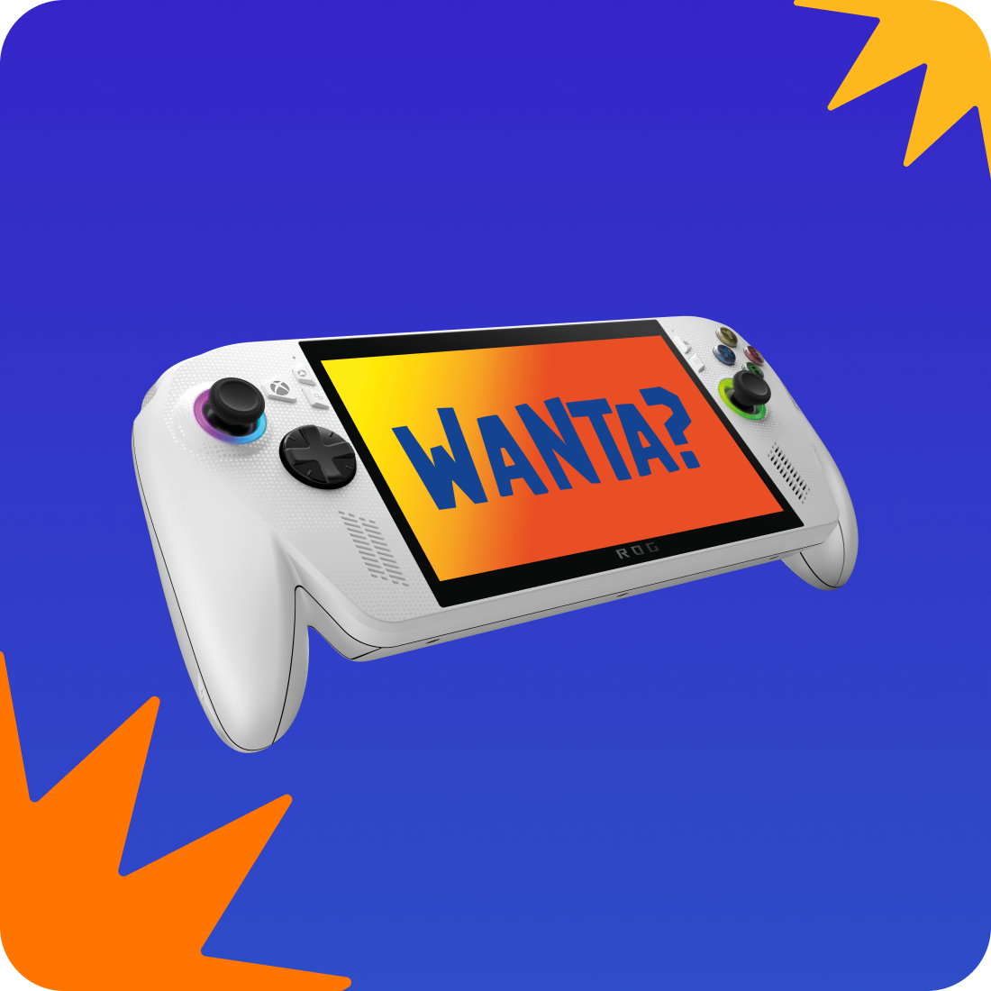 Witte Xbox draagbare gamecontroller met ingebouwd scherm waarop “WANTA?” staat, tegen een blauwe achtergrond met oranje grafische vormen.