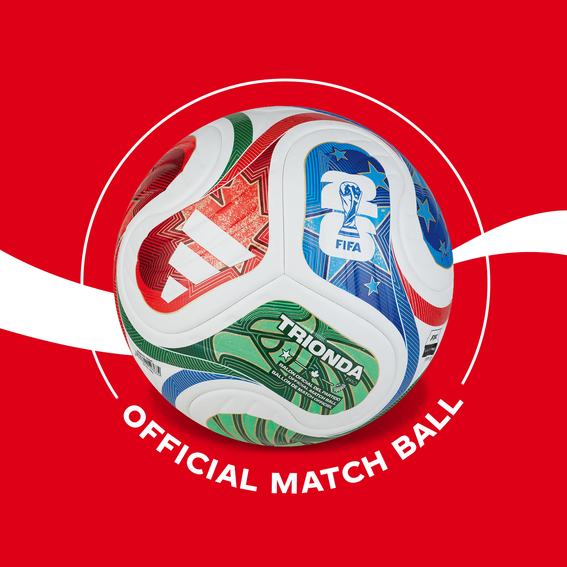 Un ballon de football officiel FIFA aux motifs colorés rouges, bleus et verts est représenté sur un fond rouge ; le texte « Official Match Ball » apparaît sous le ballon.