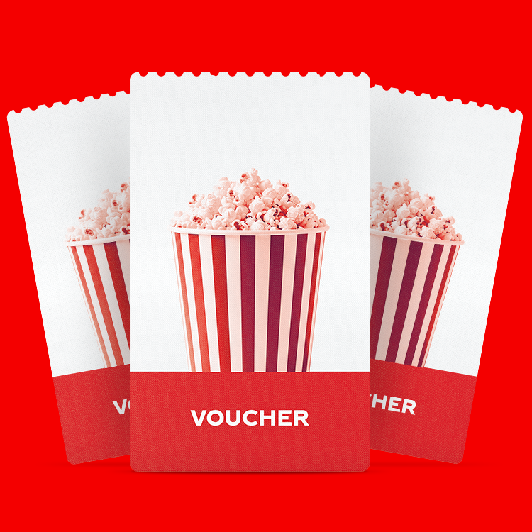 Trois bons rouges superposés avec une illustration d’un gobelet rayé rempli de popcorn. En bas, le mot « VOUCHER » apparaît en lettres blanches sur fond rouge.