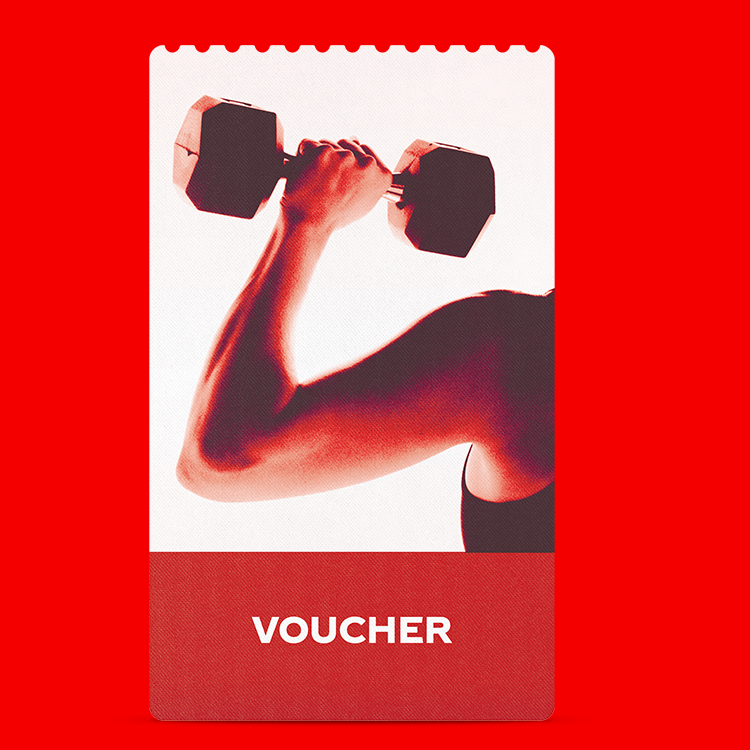 Bon rouge avec une illustration d’une personne soulevant une barre pendant un exercice de musculation. En bas, le mot « VOUCHER » apparaît en lettres blanches sur fond rouge.
