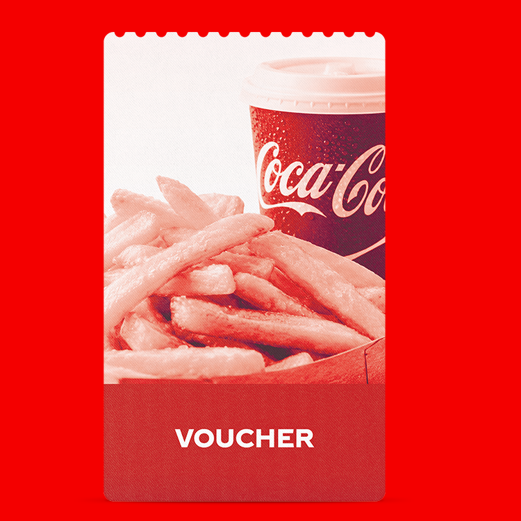 Bon rouge avec une illustration de frites et d’un gobelet Coca‑Cola en arrière-plan. En bas, le mot « VOUCHER » apparaît en lettres blanches sur fond rouge.