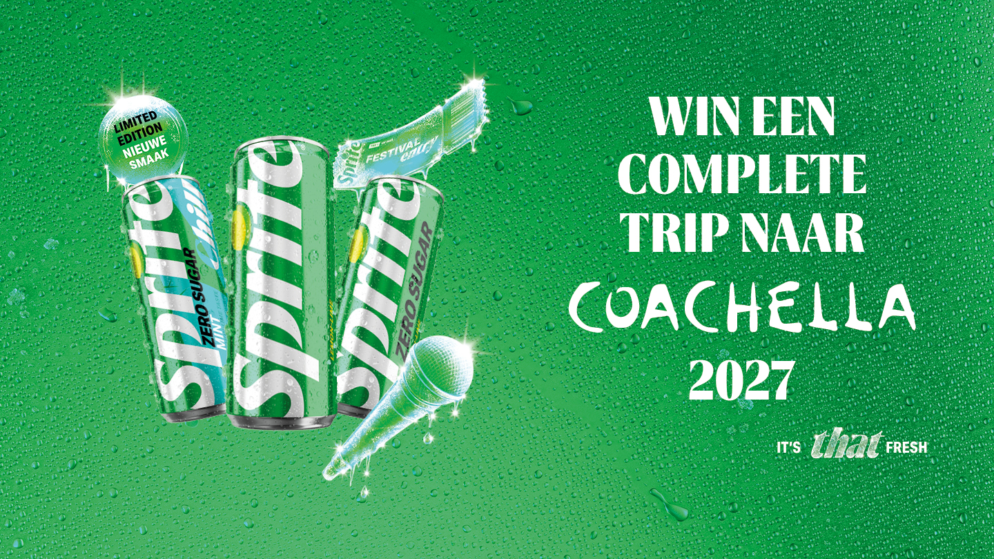 Groene Sprite‑achtergrond met Sprite‑blikjes en de tekst “Win een complete trip naar Coachella 2027 – in Californië”.