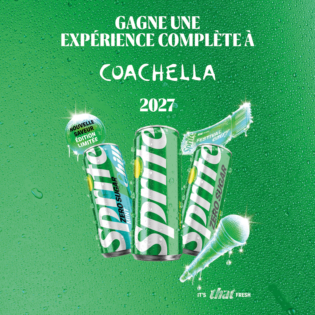 Affiche promotionnelle Sprite annonçant « Gagne une expérience complète à Coachella 2027 ». Trois canettes Sprite sont au centre sur un fond vert pétillant avec effet de fraîcheur.