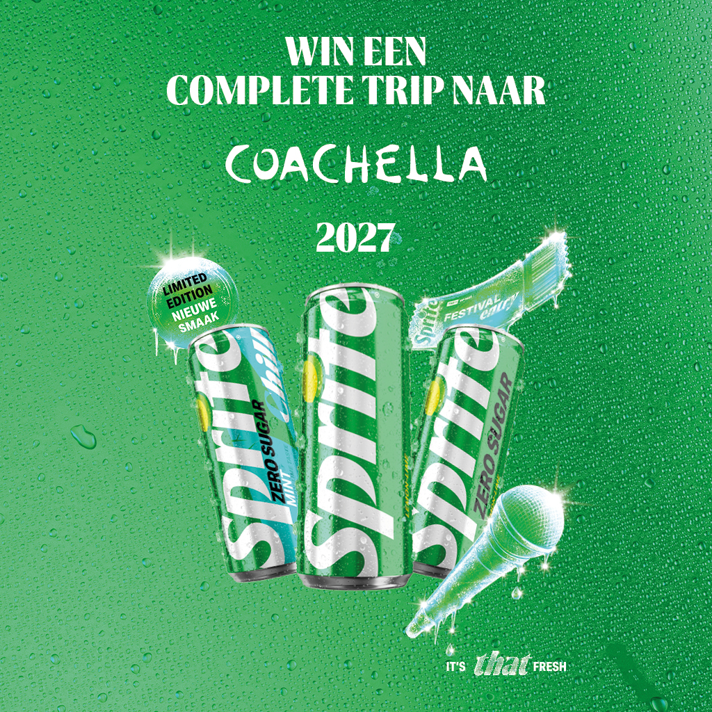 Promotionele Sprite visual met de tekst “Win een volledige ervaring voor Coachella 2027”. Drie Sprite-blikjes staan centraal op een bruisende groene achtergrond met frisse effecten.