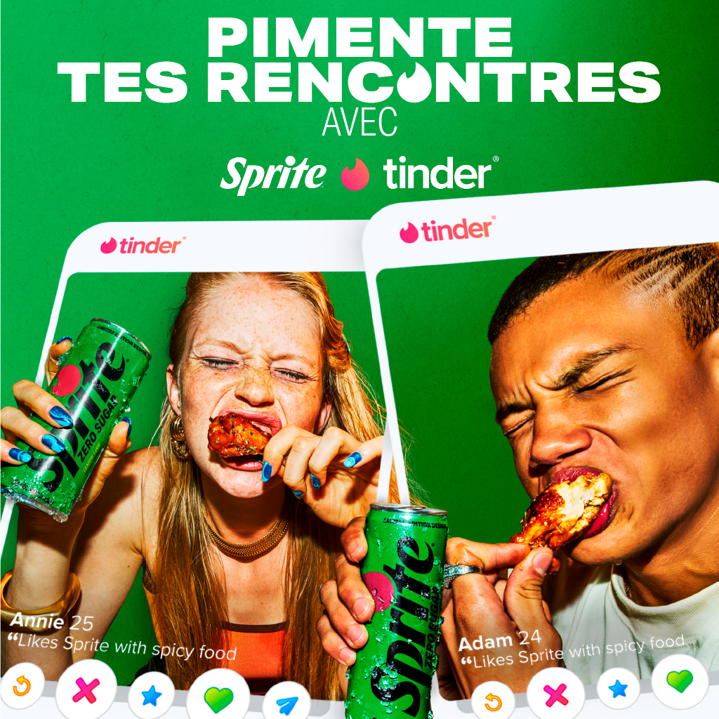 Bannière promotionnelle avec le texte « Pimente tes rencontres avec Sprite x Tinder », montrant deux personnes au visage flouté tenant des canettes de Sprite sur un fond vert, avec la marque Tinder.