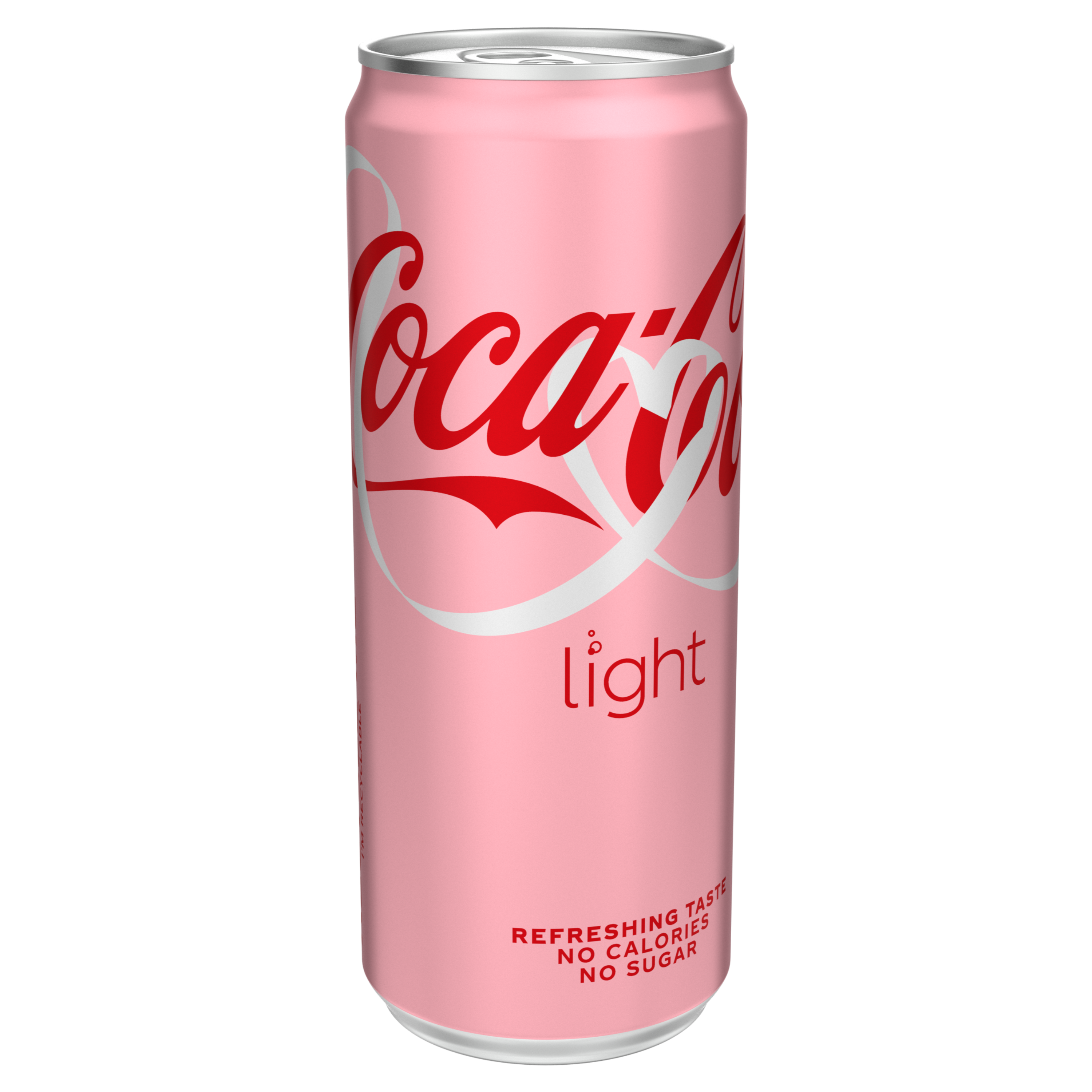 Een slanke roze Coca-Cola Light-blikje op een lichtroze achtergrond, met het rode Coca-Cola-logo groot over het midden en een witte golvende lijn erachter.