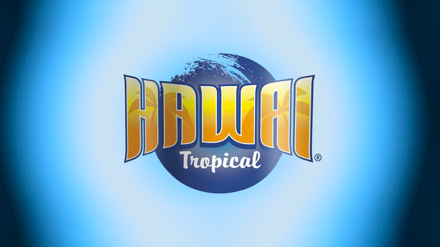 Hawai Tropical logo op een blauwe achtergrond