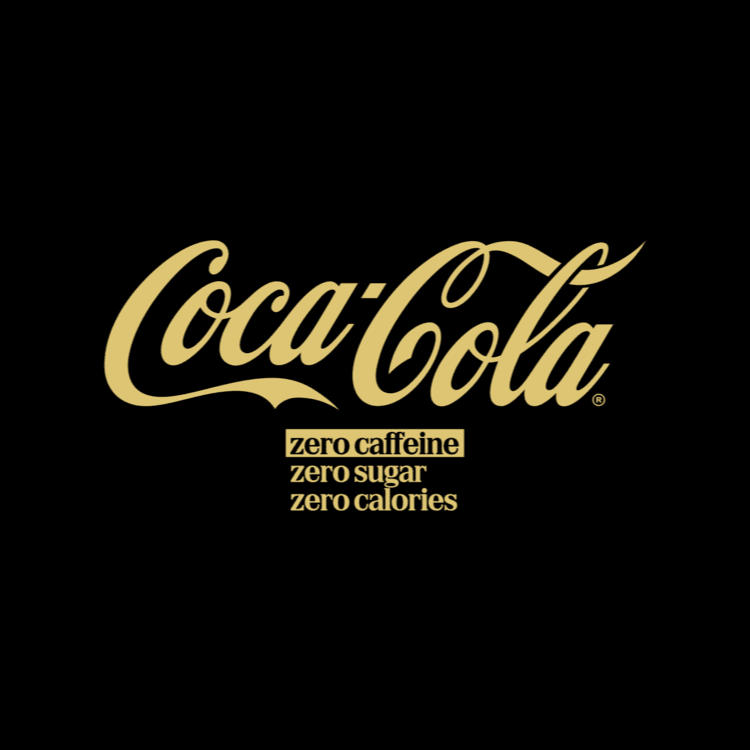 Gold Coca‑Cola Zero logo on a black background with the words “zero caffeine, zero sugar, zero calories.”