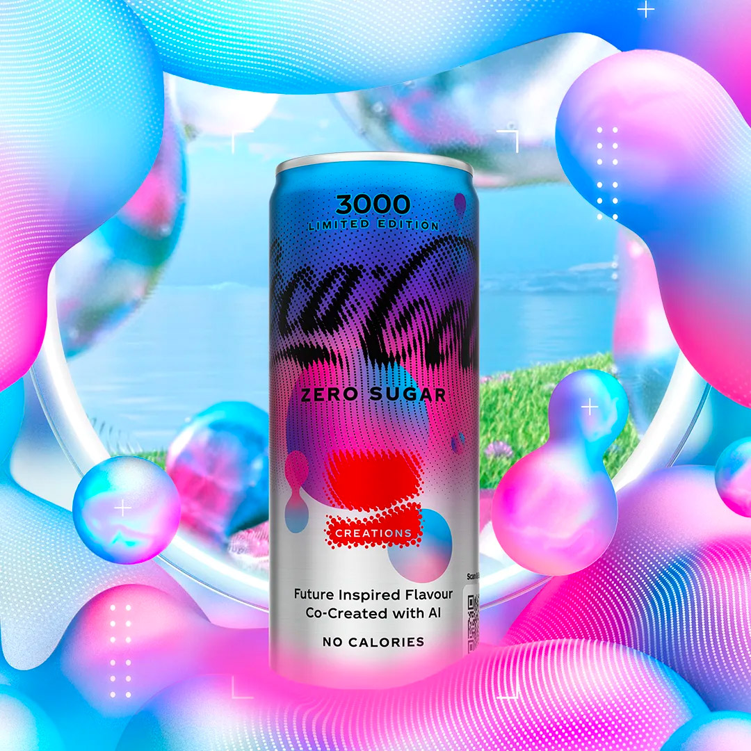 Coca-Cola 3000-blikje op kleurrijke achtergrond