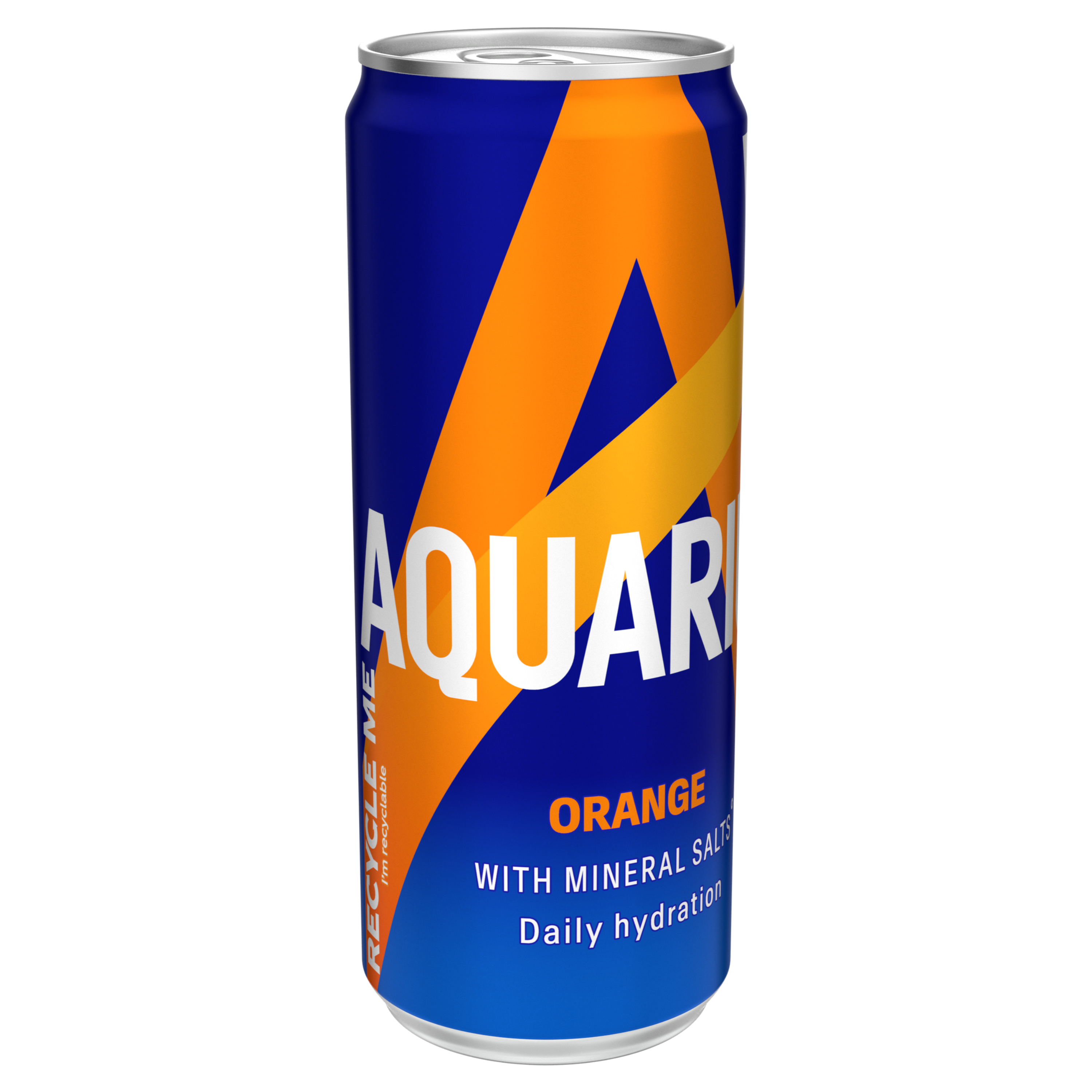 Oranje fles van Aquarius-drank "Orange" met blauwe dop en blauw-oranje etiket "Low Calories".