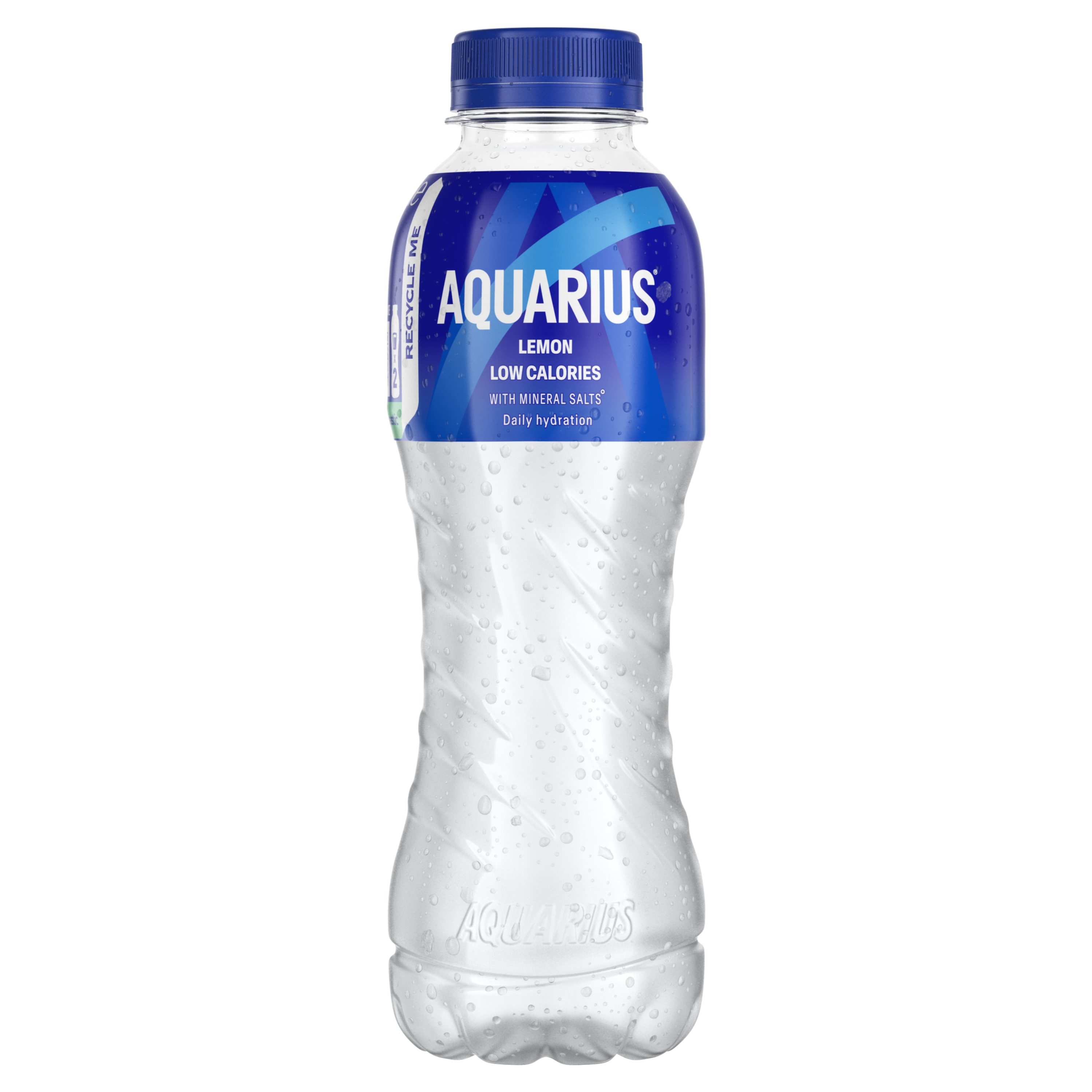 Transparante fles van Aquarius-drank "Lemon" met heldere vloeistof, blauwe dop en blauw etiket "Low Calories".