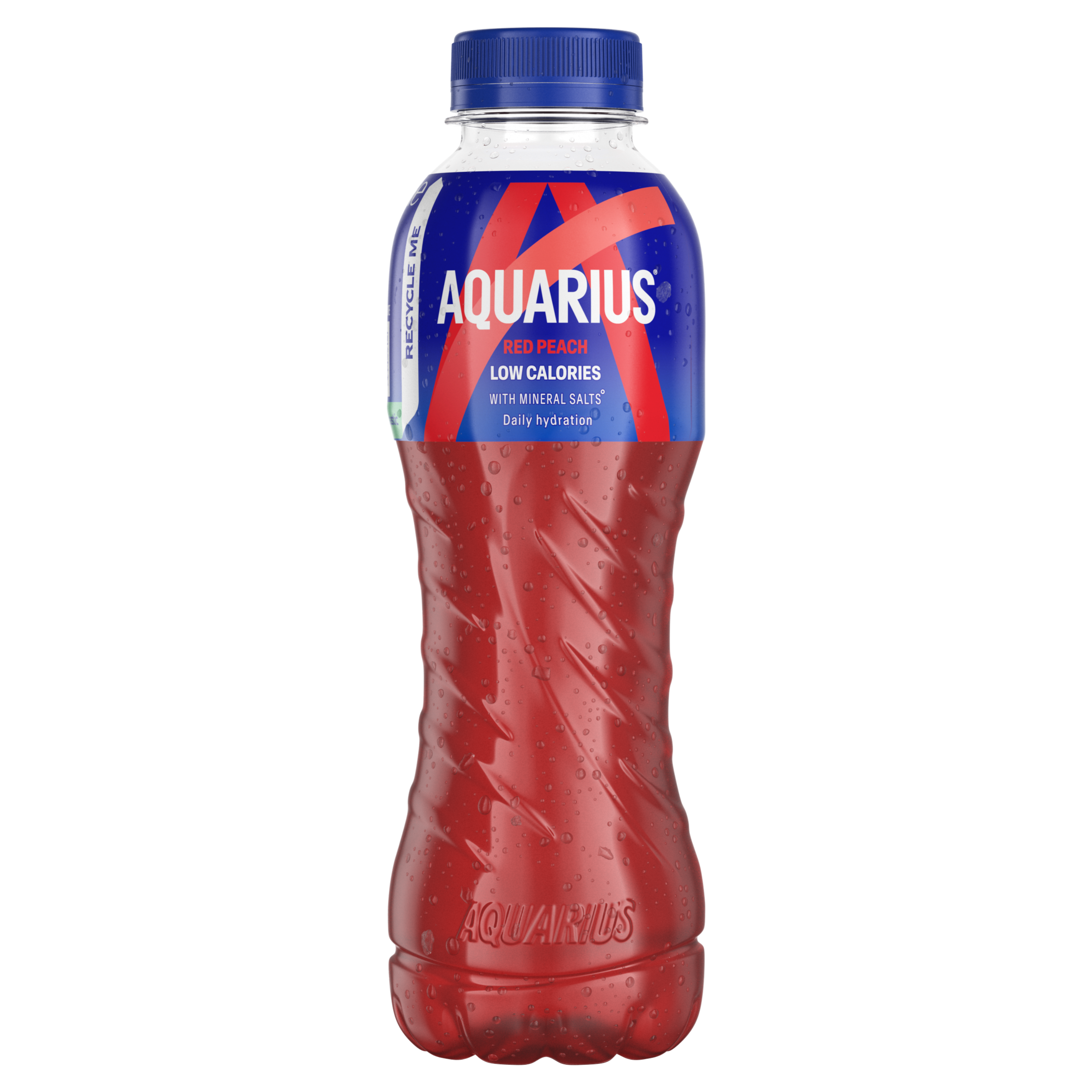 Rode fles van Aquarius-drank "Red Peach" met blauwe dop en blauw-rood etiket "Low Calories".