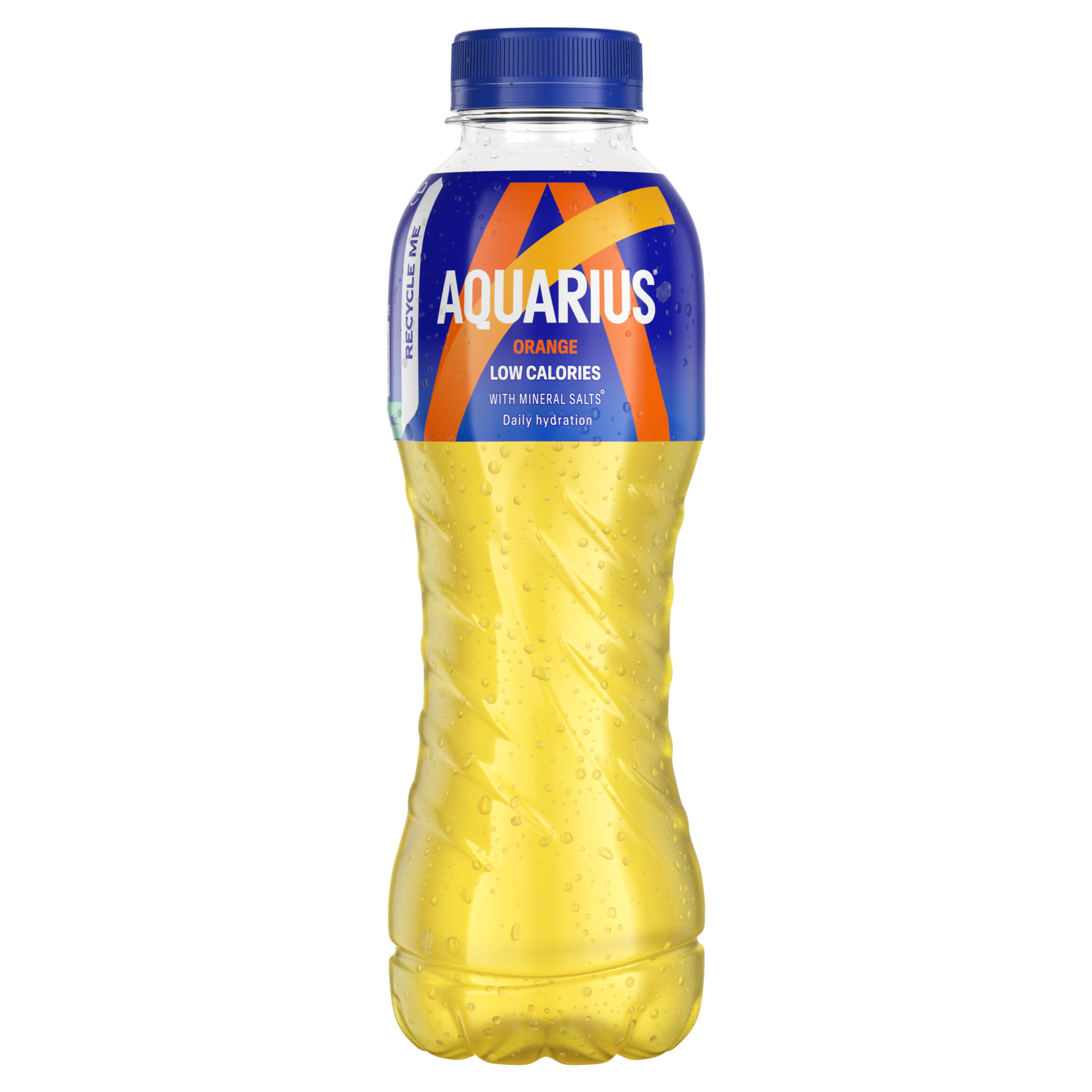 Oranje fles van Aquarius-drank "Orange" met blauwe dop en blauw-oranje etiket "Low Calories".