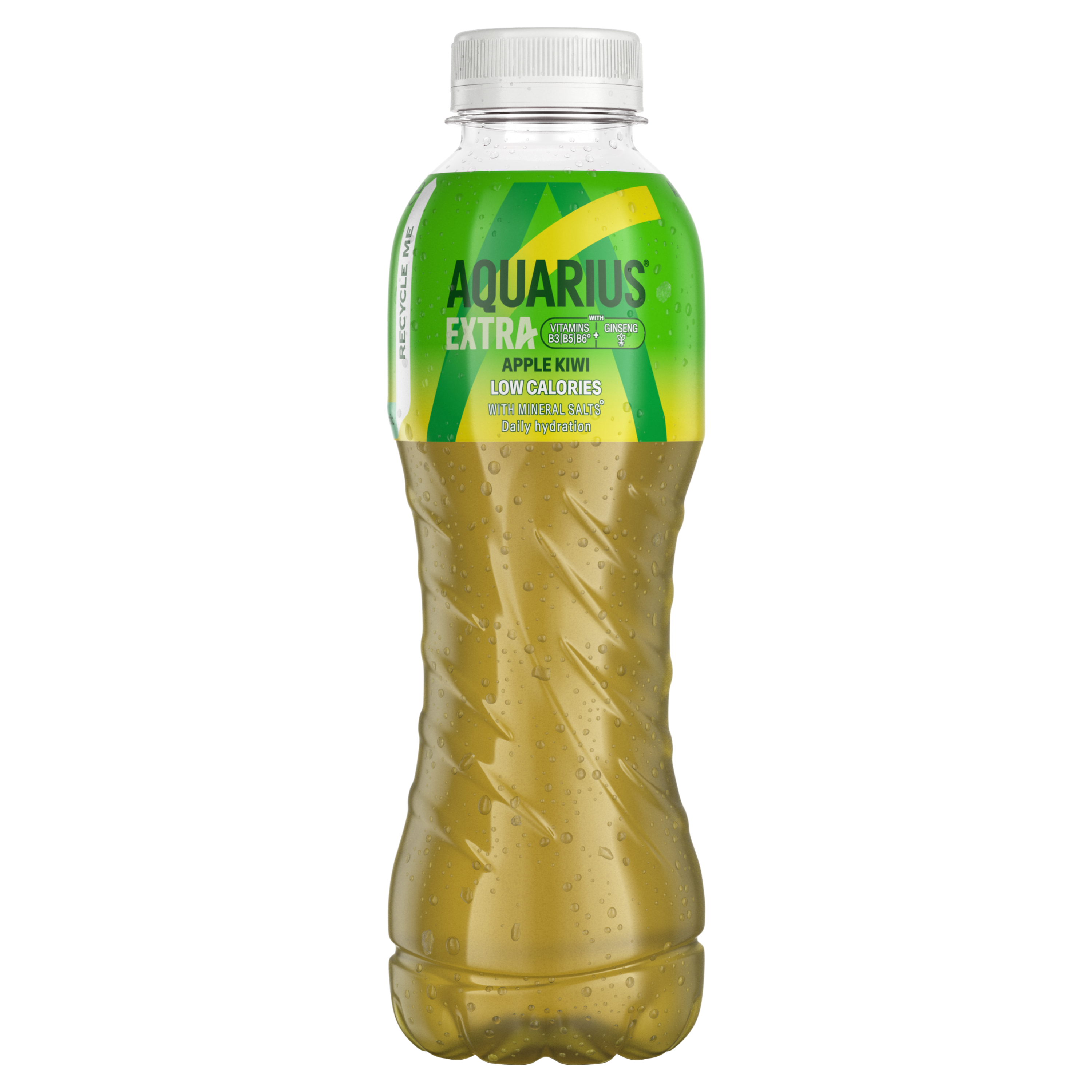 Bouteille Aquarius Extra Apple Kiwi faible en calories, avec sels minéraux, vitamines B et ginseng, pour l’hydratation quotidienne.