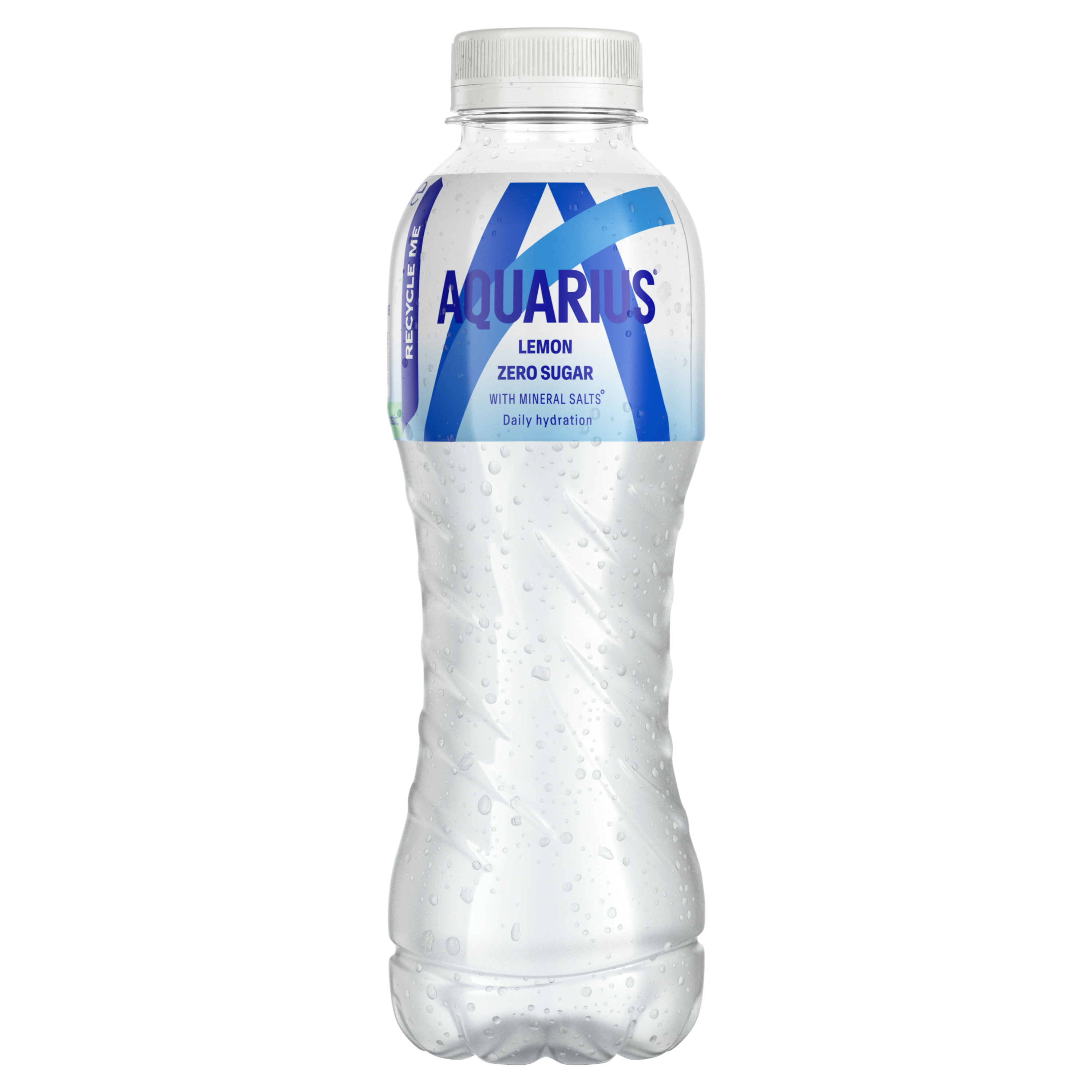 Transparante fles van Aquarius-drank "Lemon Zero Sugar" met heldere vloeistof, witte dop en wit-blauw etiket "Zero Sugar".