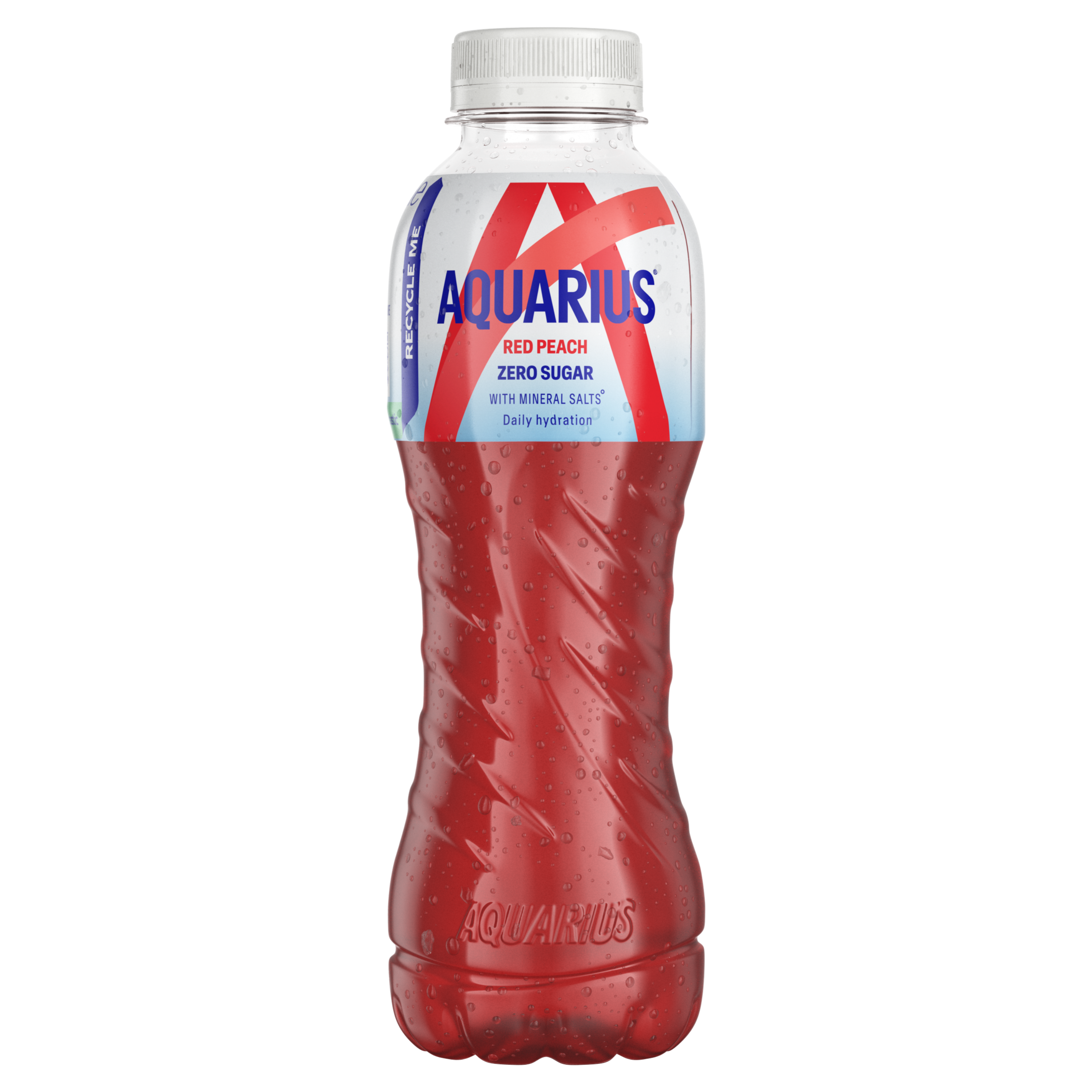 Rode fles van Aquarius-drank "Red Peach Zero Sugar" met witte dop en wit-rood etiket "Zero Sugar".
