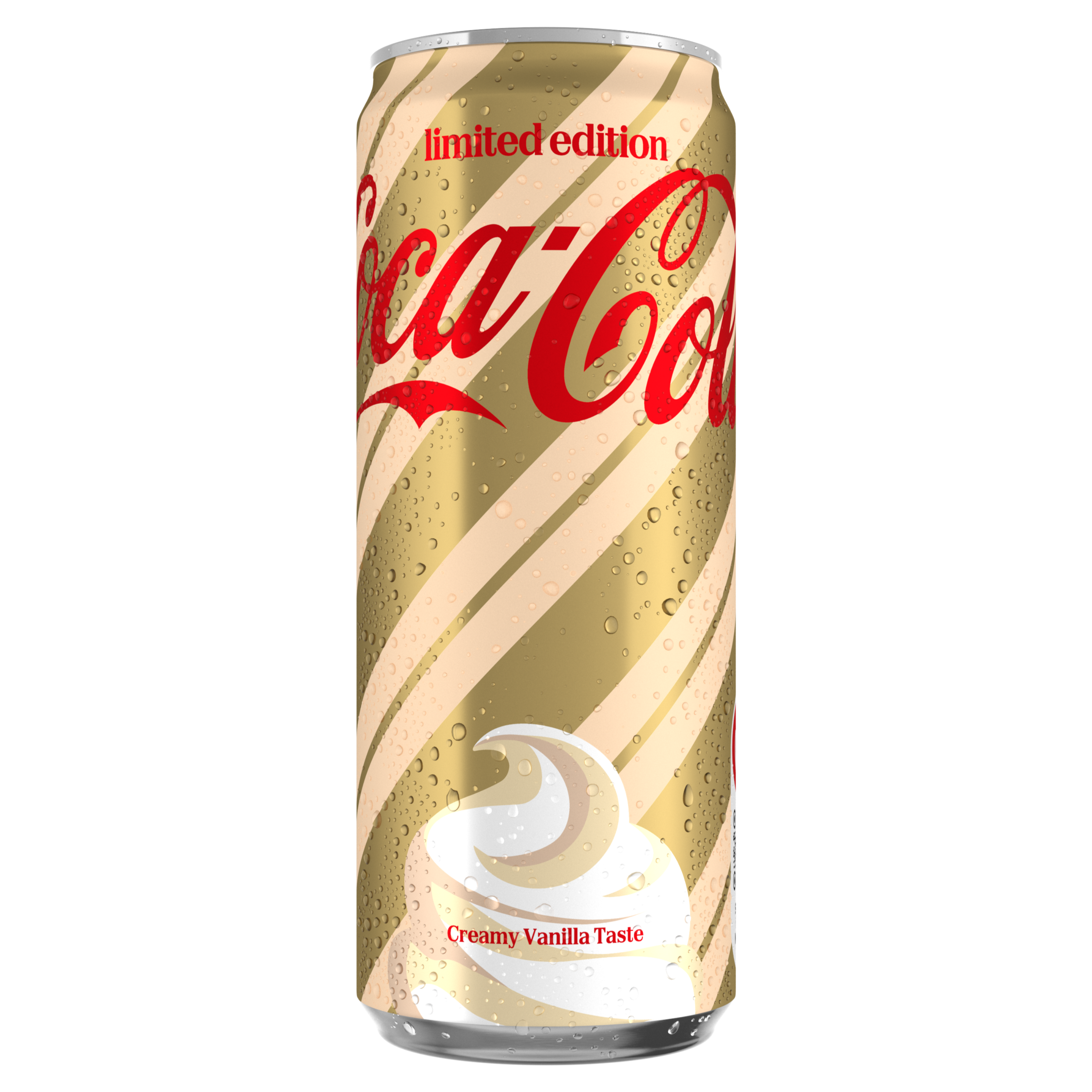 Canette de Coca-Cola Creamy Vanilla avec un design doré et le logo Coca-Cola en lettres rouges. La canette est recouverte de gouttelettes de condensation et présente, en bas, un tourbillon blanc de vanille avec le texte « Goût Vanille Crémeuse ».