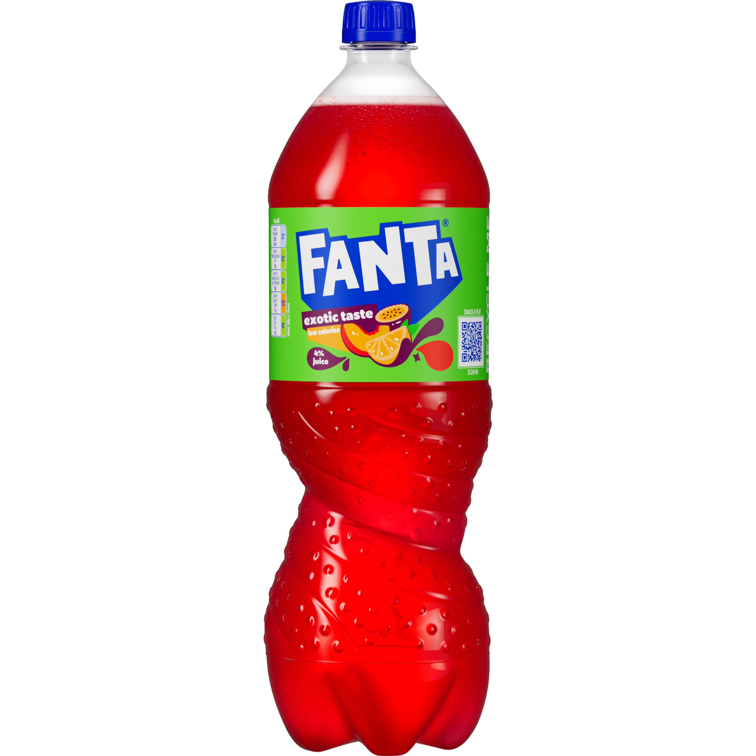 Image d’une canette vert vif de Fanta Exotic Taste, avec des illustrations d’un quartier d’orange et d’un morceau de fruit tropical dans un sirop violet. Sur la canette, on peut lire en blanc “exotic taste” ainsi que “1% juice” et “new taste”. Le nom Fanta apparaît en grandes lettres blanches et bleues.