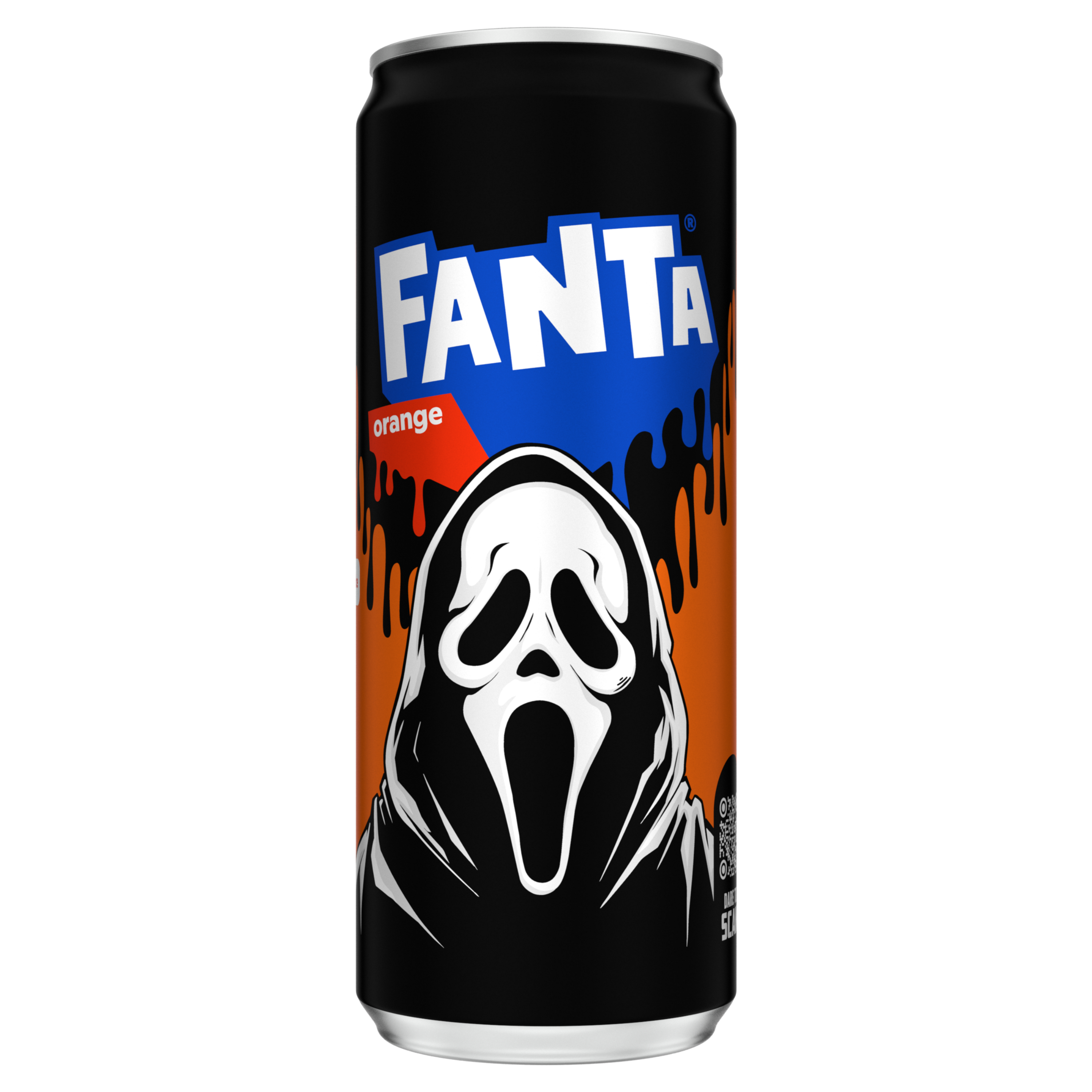 Canette noire Fanta Orange avec design Halloween représentant un masque fantôme blanc sur fond orange.