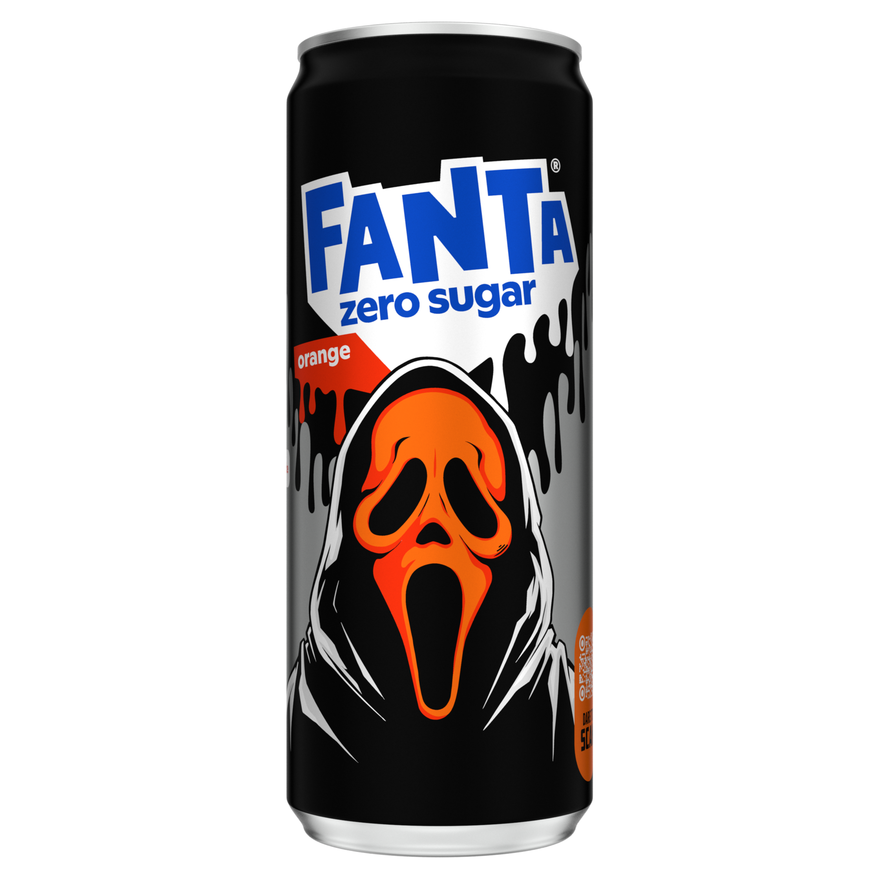 Canette noire Fanta Orange Zero Sugar avec design Halloween représentant un masque fantôme blanc sur fond orange.