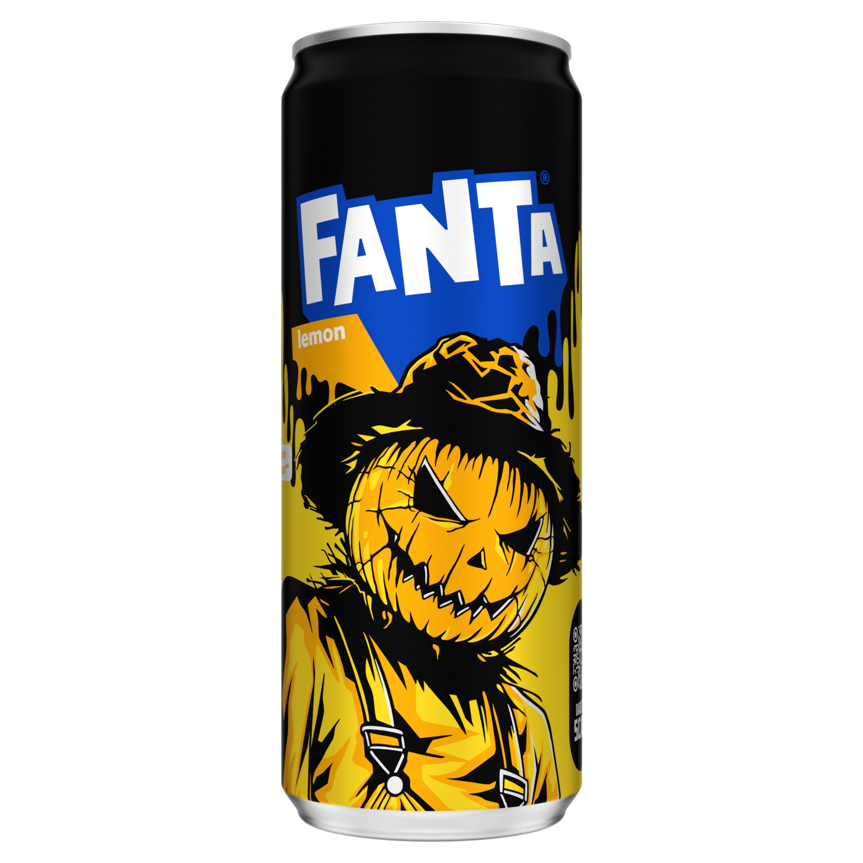 Canette noire Fanta Lemon avec design Halloween représentant un visage de monstre jaune sur fond jaune.