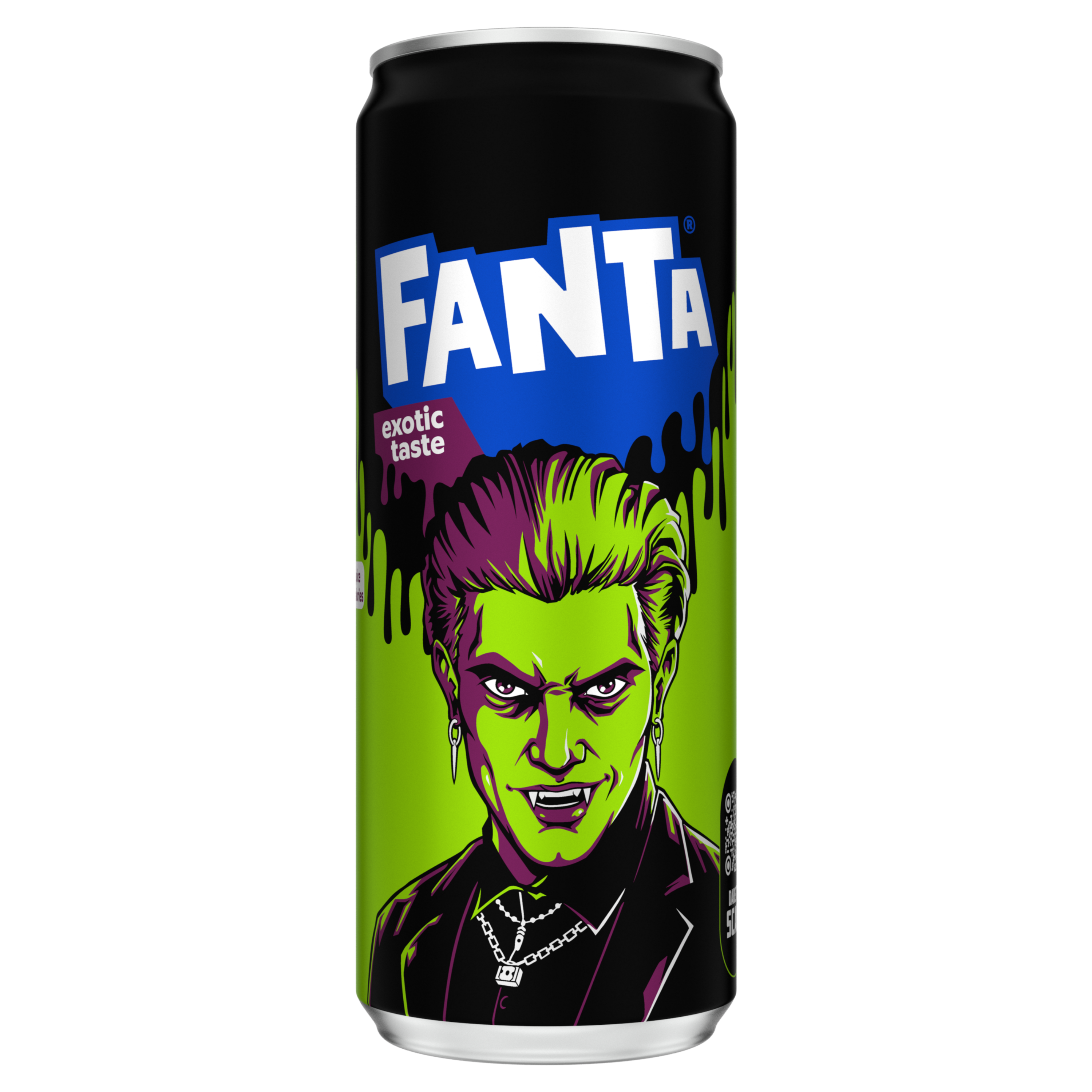Canette noire Fanta Exotic Taste avec design Halloween représentant un visage de monstre vert sur fond violet.