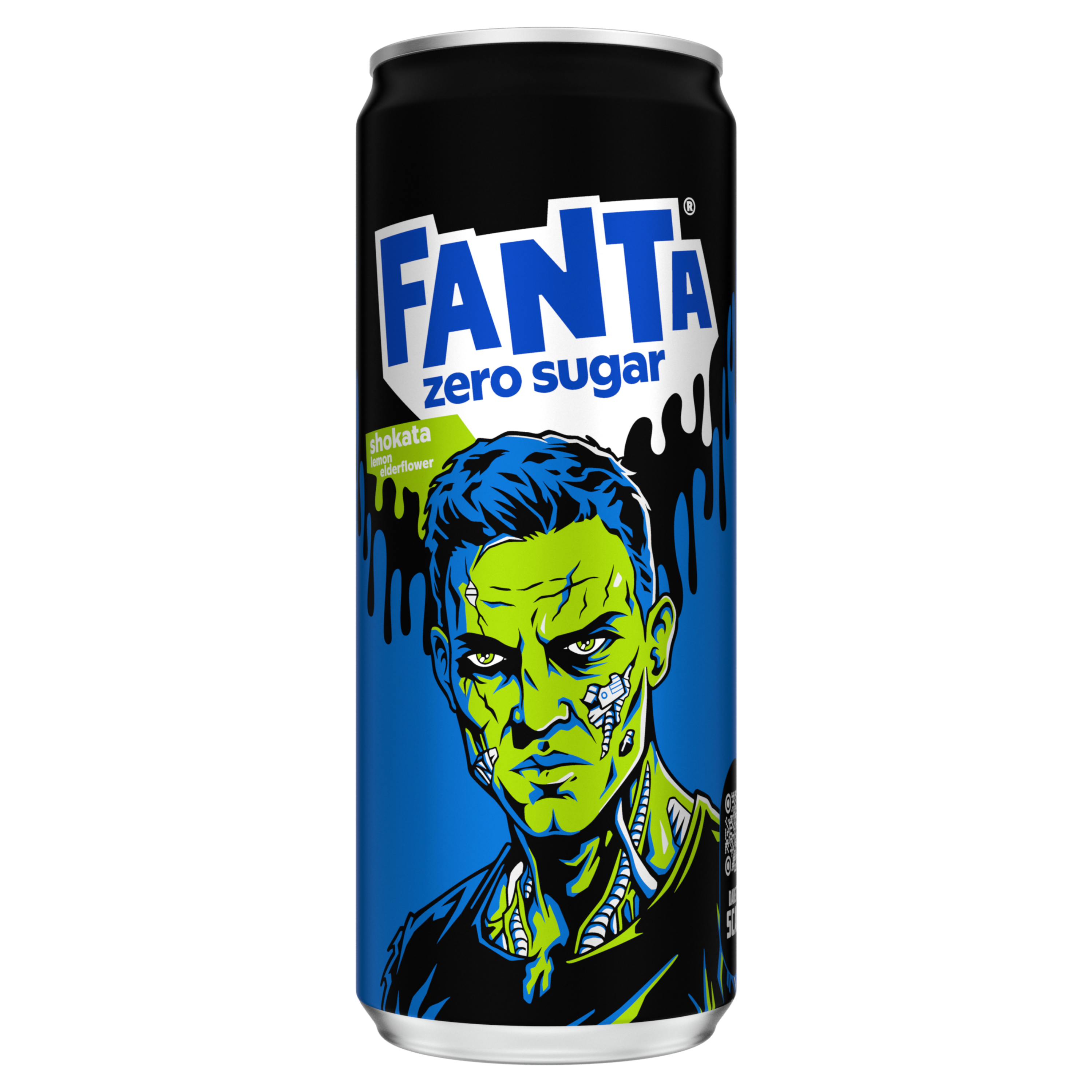 Canette noire Fanta Shokata Zero Sugar avec design Halloween représentant un visage de monstre bleu sur fond bleu clair.