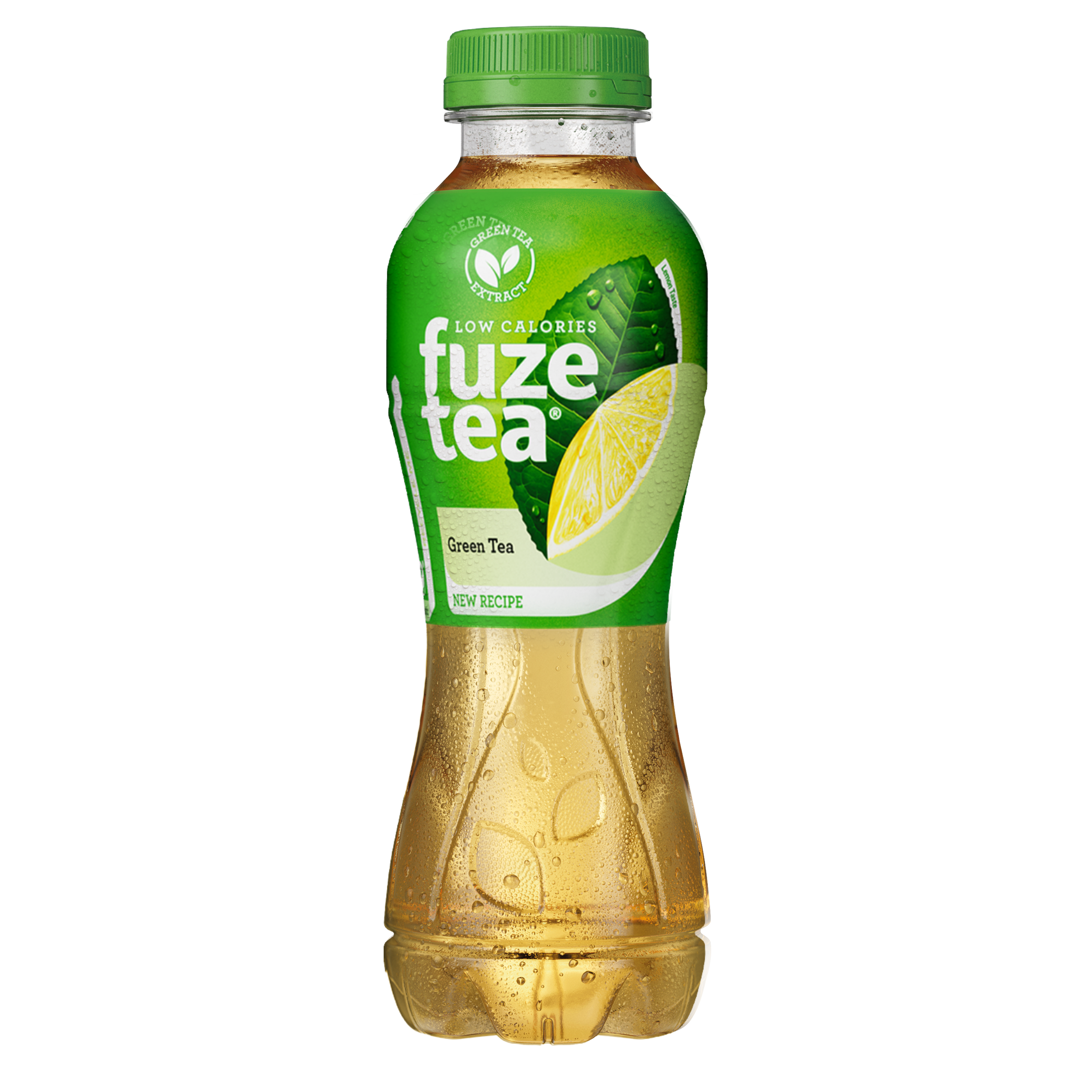 Fles Fuze Tea groene thee, groene etikettering met blad, limoenpart en theeblad-logo. Lichtgele drank, opschrift “Infused Green Tea” en “Low Calories”.